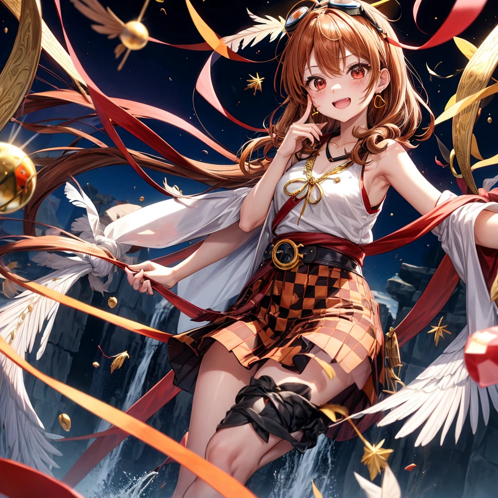 Brown, red, gold, golden hair、Red eyes、One good looking girl、solo、anime、Checkered mini skirt、Black camisole、Black T-shirt、hoodie、Wearing a ribbon、Ribbon on waist、Crystal Earrings、treasure石のネックレス、Light and shadow、Tilting face、Teeth are visible、Marble pillar、waterfall、Kind Face、Kuroko、treasure、wearing goggles on head、Feather coat