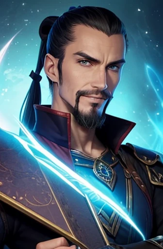 1man, ((fantasy)), lanky, mage, goatee, ponytail, pridefull, full height, well groomed, ((looking at camera)), ((epic)), evil smirk