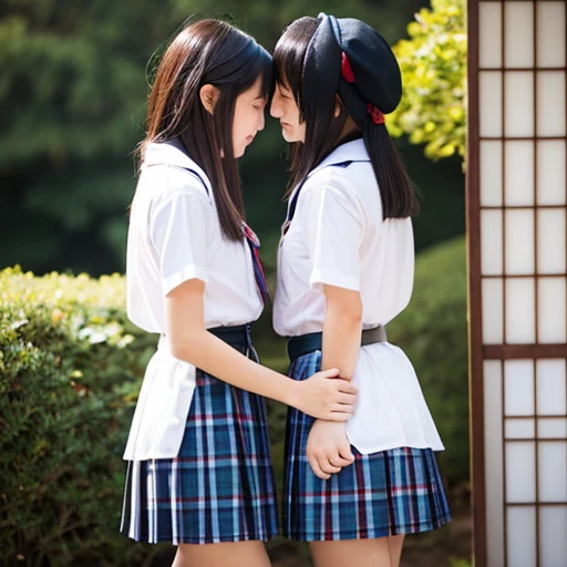 Two Japanese schoolgirls in revealing clothes kissing