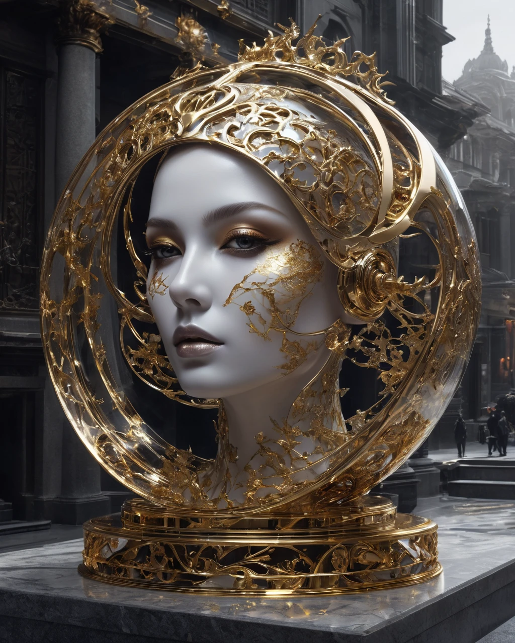 photo, 8k ((Surreal)) Alien marble sculpture tattoo location, Wheels within wheels, elegant, Very detailed, majestic, digital photography, art by artgerm and ruan jia and greg rutkowski Surreal painting gold and siver  filigree, shattered glass, (masterpiece, Side Light, HDR, Practical, HD