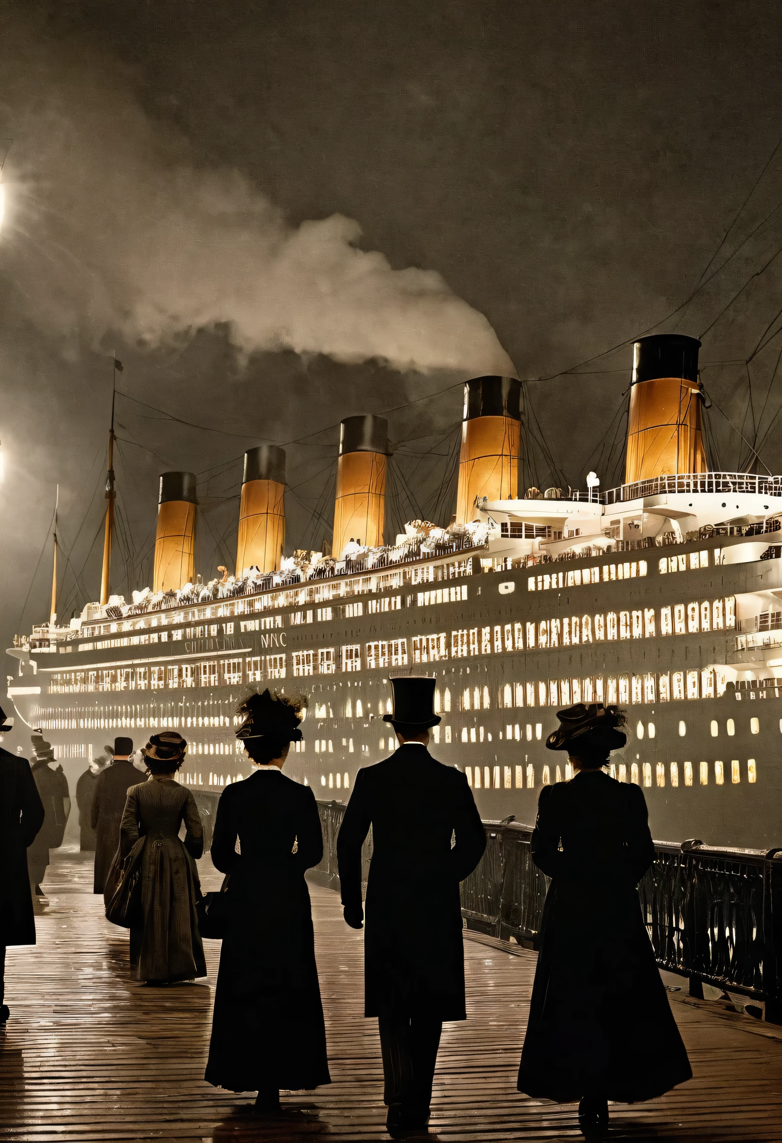 Victorian-era upper class scene, foggy nighttime dock, massive ocean liner RMS Titanic in background, well-dressed English ladies and gentlemen walking and waiting to board, dim lighting from lamps on dock, solemn gloomy atmosphere, intricate period clothing and architectural details, cinematic compositionPhotorealistic render, RMS Titanic moored at Southampton docks before maiden voyage, 1912, upper crust ladies in ornate hats and fur stoles with gentlemen in evening tailcoats and top hats, atmospheric fog and dim lighting from dockside lamps, people carrying luggage, excited yet somber mood, incredible detail