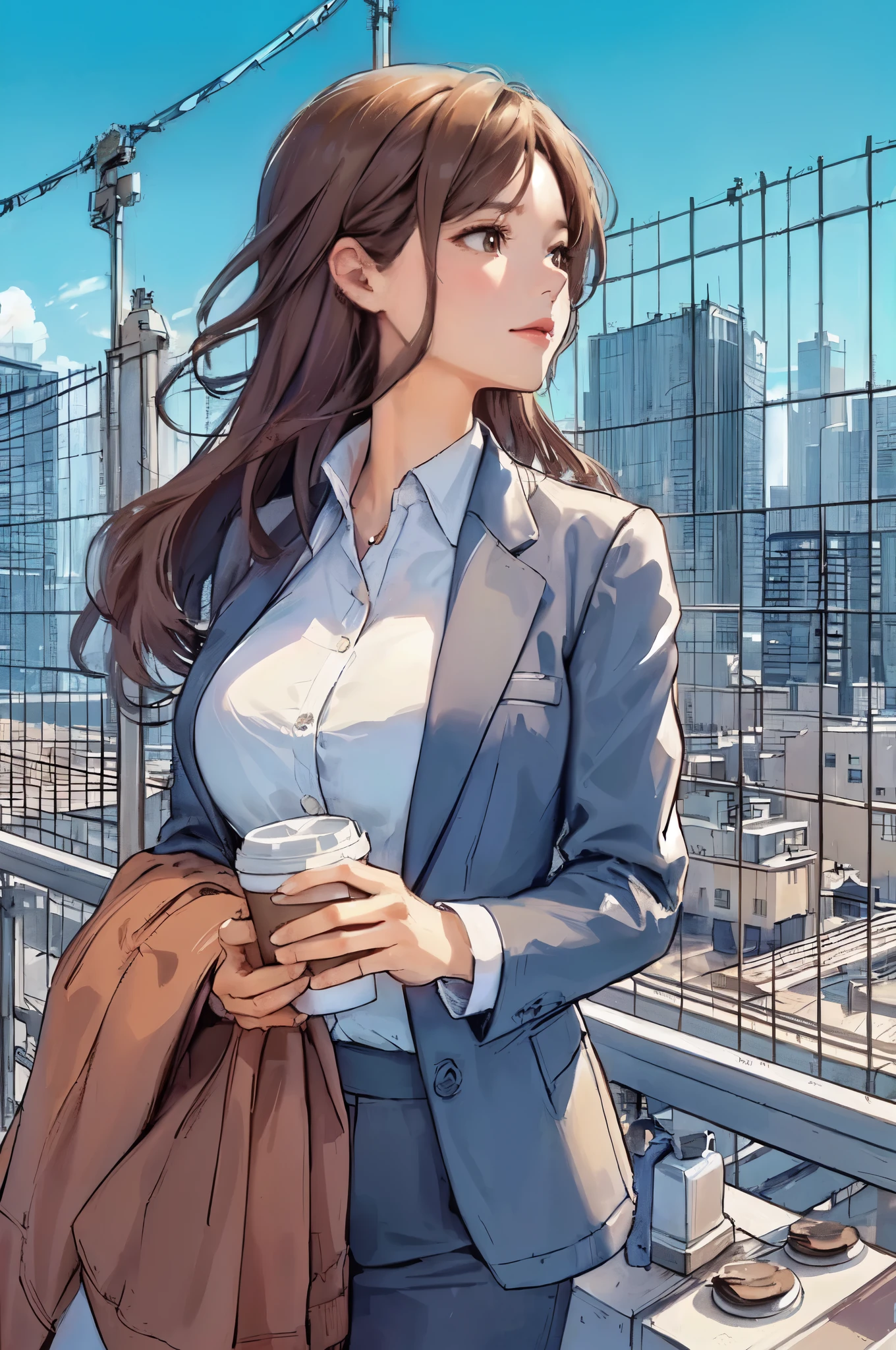 1lady standing, (leaning against wire mesh), (looking up at the sky), office worker outfit, mature female, /(light brown hair/) bangs, (light smile:0.6), (looking off into the distance), (masterpiece best quality:1.2) delicate illustration ultra-detailed, large breasts BREAK (holding coffee cup in hand), (holding jacket) BREAK (rooftop of building), outdoors, railing, blue sky, rooftop facilities, cityscape, detailed background