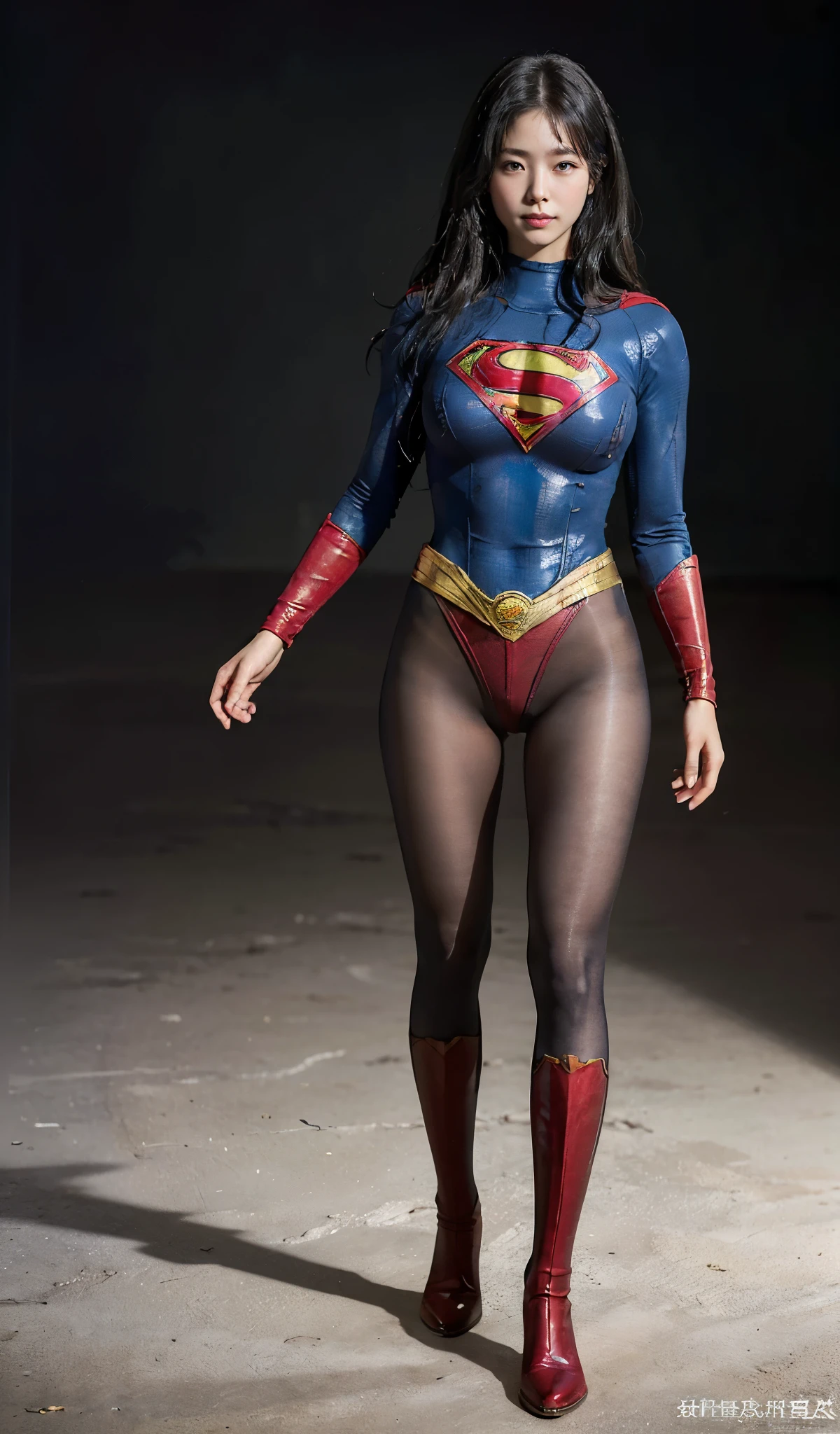 No background、(((Beautiful legs in black tights.)))、(((Legally express the beauty of your smile)))、((((Make the most of your original images)))、(((Supergirl Costume)))、(((Beautiful Hair)))、(((suffering)))、(((Please wear black tights....、Wear red boots)))、((Best image quality、8K))、((highest quality、8K、masterpiece:1.3))、(((keep background )))、Sharp focus:1.2、Beautiful woman with perfect figure:1.4、Thin abdominal muscles:1.2、Wet body:1.5、Highly detailed face and skin texture、8K