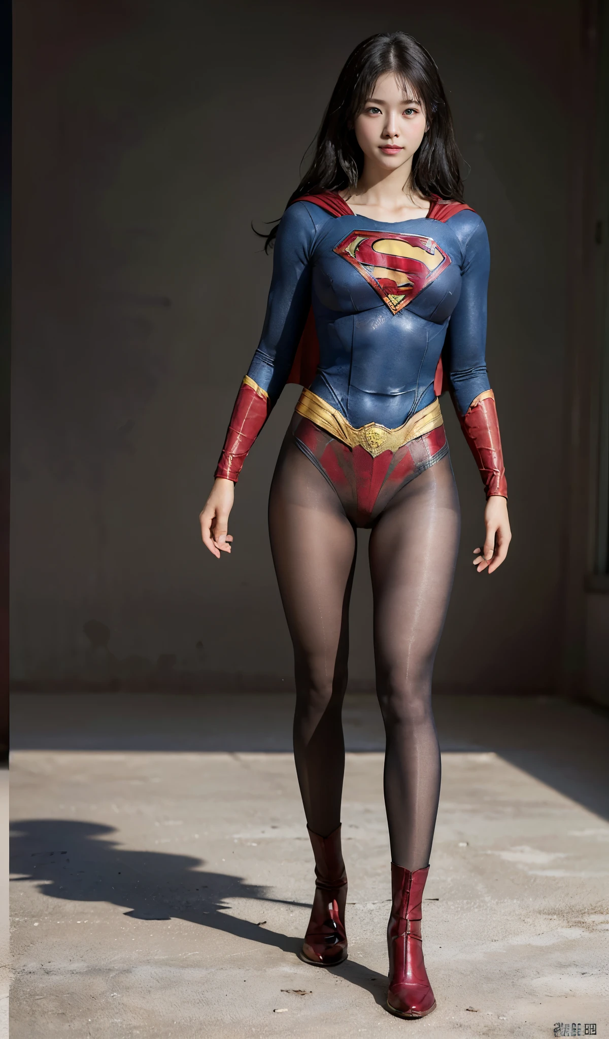 No background、(((Beautiful legs in black tights.)))、(((Legally express the beauty of your smile)))、((((Make the most of your original images)))、(((Supergirl Costume)))、(((Beautiful Hair)))、(((suffering)))、(((Please wear black tights....、Wear red boots)))、((Best image quality、8K))、((highest quality、8K、masterpiece:1.3))、(((keep background )))、Sharp focus:1.2、Beautiful woman with perfect figure:1.4、Thin abdominal muscles:1.2、Wet body:1.5、Highly detailed face and skin texture、8K