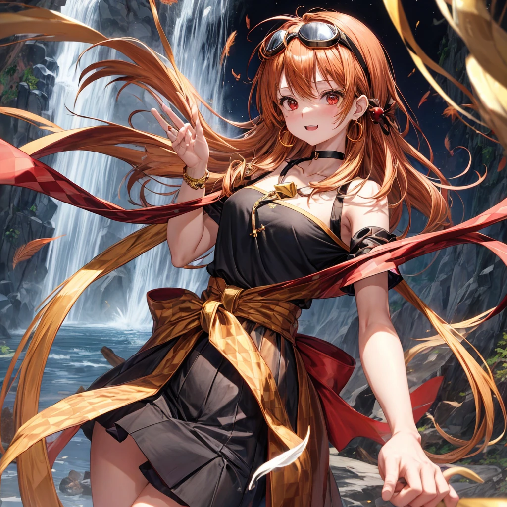 Brown, red, gold, golden hair、Red eyes、One good looking girl、solo、anime、Checkered mini skirt、Black camisole、Black T-shirt、hoodie、Wearing a ribbon、Ribbon on waist、Crystal Earrings、treasure石のネックレス、Light and shadow、Tilting face、Teeth are visible、Marble pillar、waterfall、Kind Face、Kuroko、treasure、wearing goggles on head、Feather coat