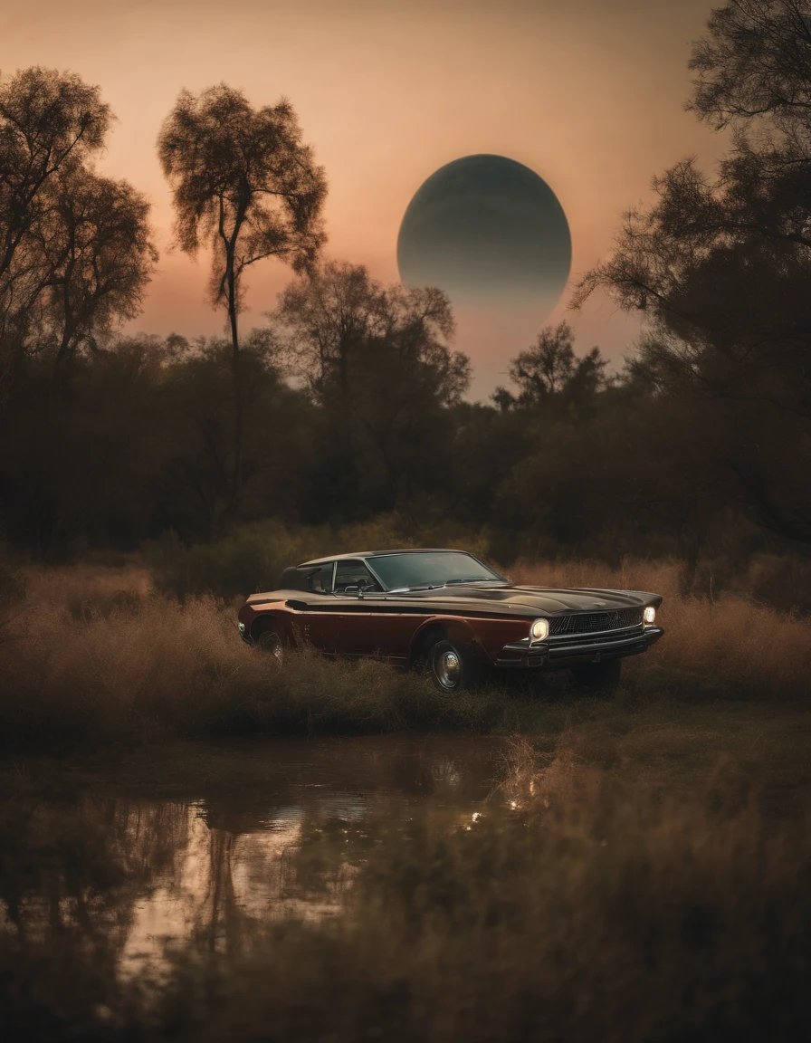 Strange alien landscape, Twin Suns, Atmospheric Color, fields, Background tree々, Dense foliage, animal, picturesque, photograph, synthwave