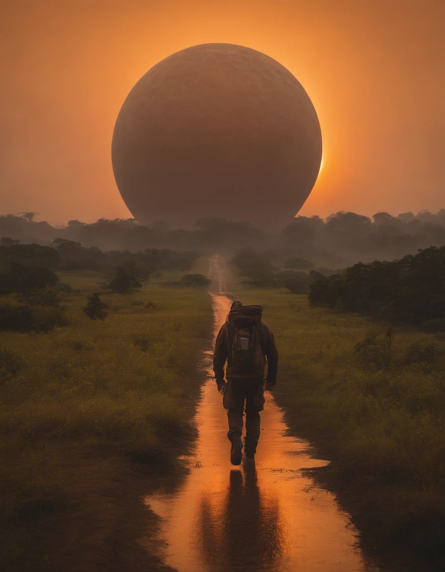 Strange alien landscape, Twin Suns, Atmospheric Color, fields, Background tree々, Dense foliage, animal, picturesque, photograph, synthwave