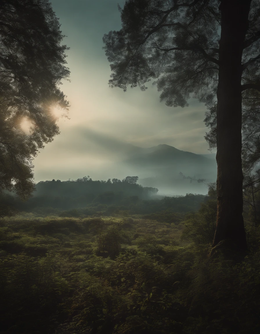 Strange alien landscape, Twin Suns, Atmospheric Color, fields, Background tree々, Dense foliage, animal, picturesque, photograph, synthwave
