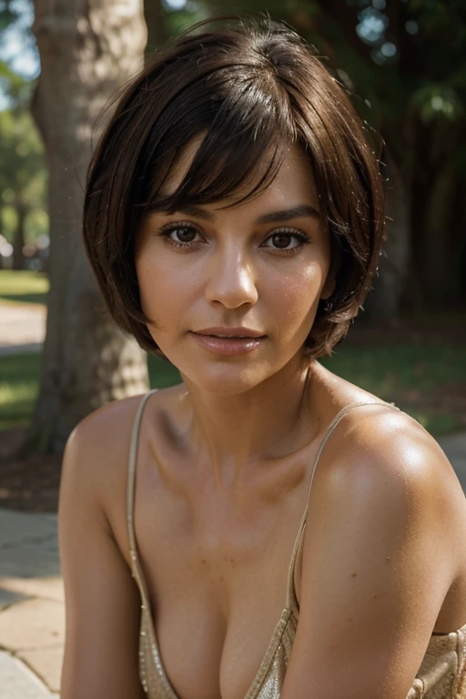 Photorealistic portrait of a 50-year-old woman with a fashionable short haircut, luxurious dark hair and captivating brown eyes. Her facial expression should be natural and inviting, softly lit, warm light of the golden hour. The location for this portrait should be a scenic outdoor landscape, For example, sun-drenched park or beach. Take a high resolution photo, using an 85mm lens, to get an attractive angle.
