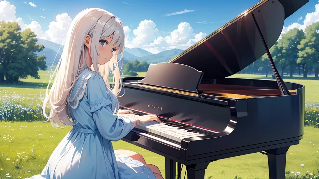 clear blue sky、White cloud、A gentle breeze、A grand piano in the middle of a beautiful meadow、A beautiful girl wearing a soft-colored dress is playing the piano、Gentle scenery、The girl's eyes are on the piano