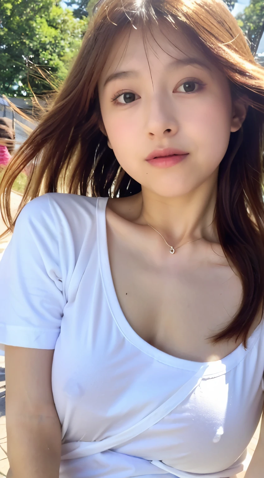 A -yeld giwearing only a long white T-shirt、loose, Oversized Thin T-Shirt、Idol face、White skin、Sexy collarbone、beautiful girl、from knee up、(No)、(Large Breasts)、Large Breasts、(Through T-shirt，The outline of the nipple appears darker、Hard nipples)、Young face、Crowded park
