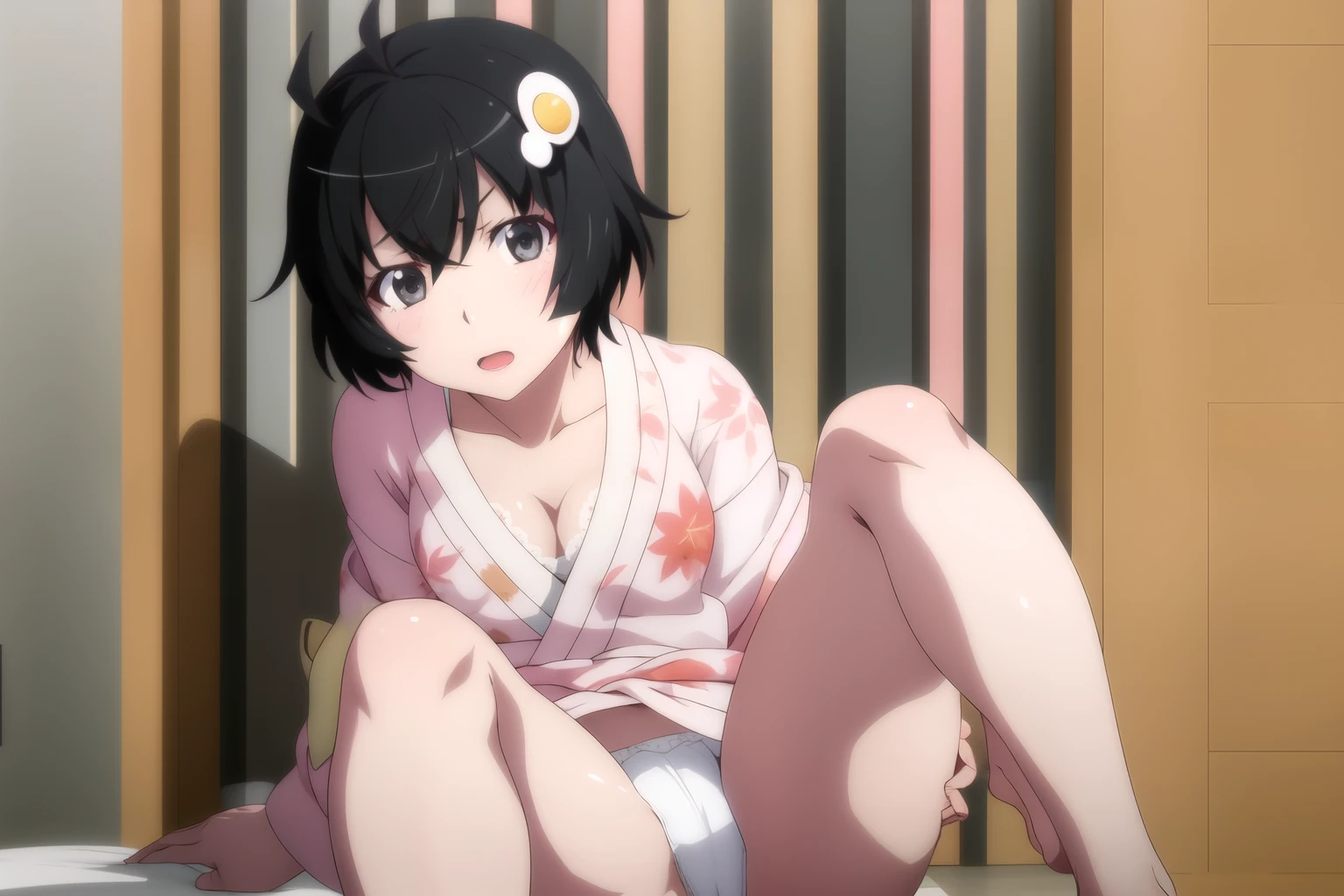 One girl, alone,
araragitsukihi, short hair,
hair ornaments, Ahoge, egg hair ornaments, kimono,white lace panties,Cleavage, anger,