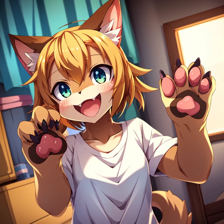 Solo, score_9,score_8_up,score_7_up, source_cartoon, source_furry, himiko toga as an Anthro furry yellow fox girl, ((Anthro furry fox, yellow furry body, Fox snout,)):1.4, indoors, naked, yellow eyes, close up portrait, big grin, pointing at her teeth, indoors