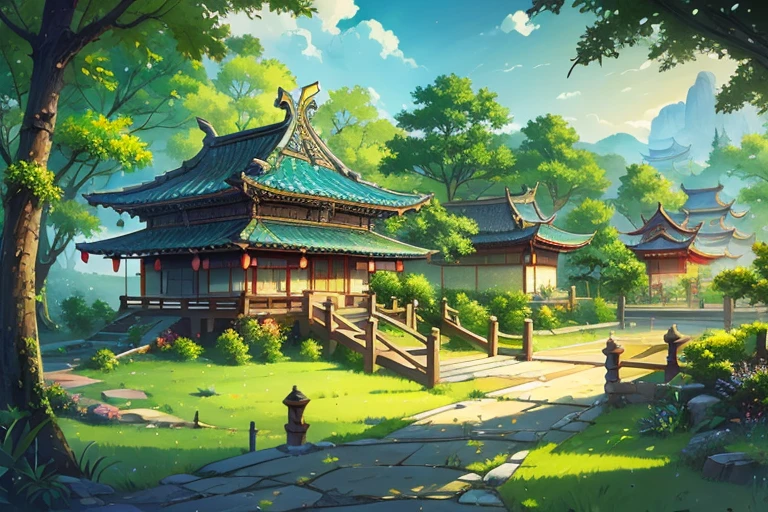 Concept Art、Hand Painted、scenery、landscape、outdoor、architecture、East Asian architecture、nature、Grasountain、Forest、plant、leaf、masterpiece、Boutique、high quality、