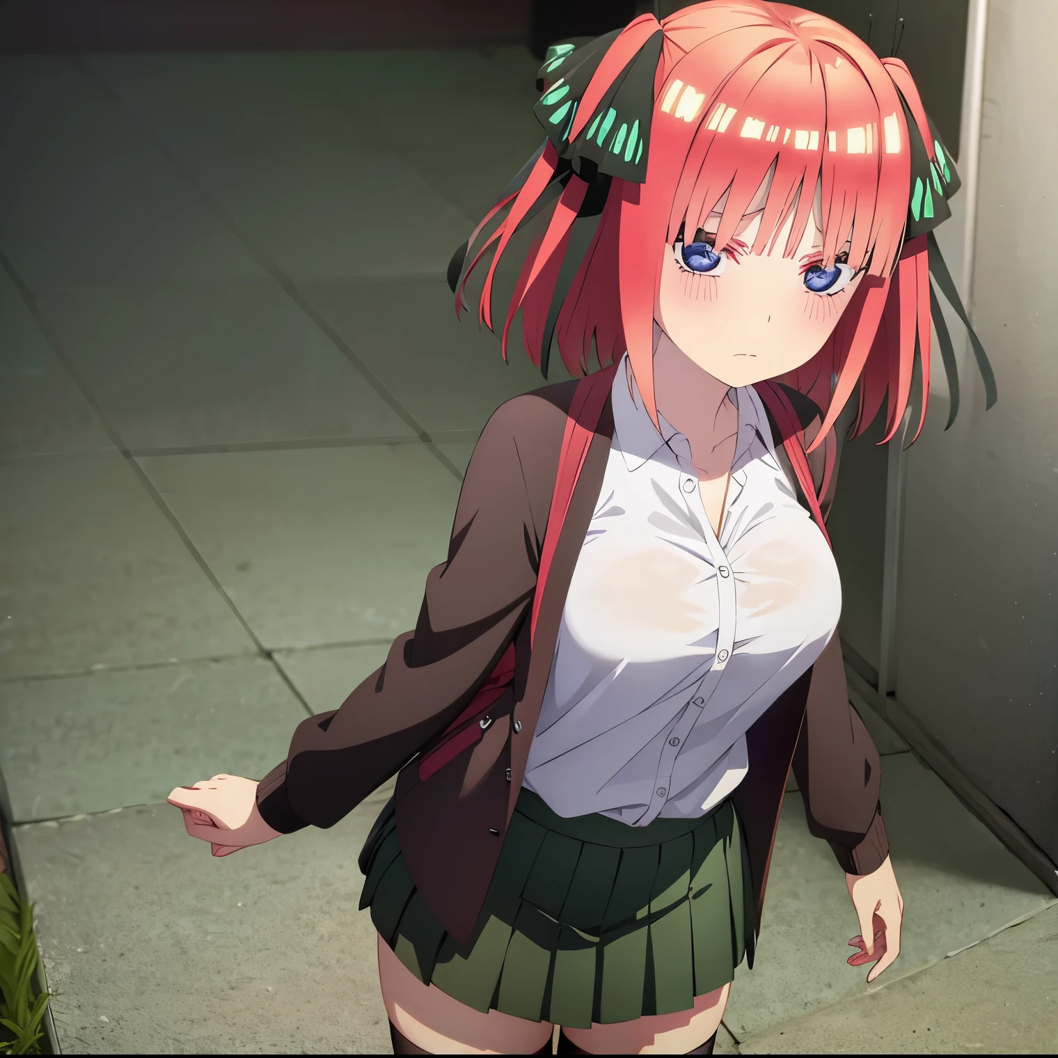 1girl, alone, Nino nakano,masutepiece, Best Quality, hight resolution, Nakano Nino, Pink hair, Short hair, busty, butterfly hair ornament, Large breasts, cleavage,neckline, Green skirt, Black cardigan,White shirt, Collared shirt, Open your clothes, black thighhighs, Short sleeves, Skirt lift, Looking at Viewer, annoyed, blush, Foot braids, Standing, Remove Background，perfect hands, perfect anatomy,