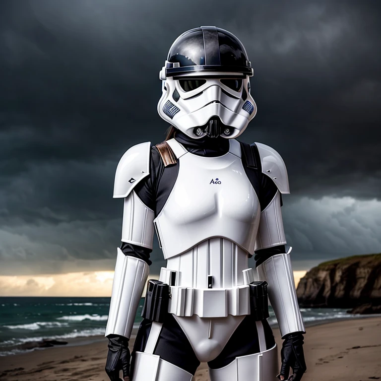 ,(Imperial Stormtrooper:1.4),miniskirt, star wars, solo,8k,space , temptation, Nice thighs,off-shoulder one-piece swimsuit,full body, helmet