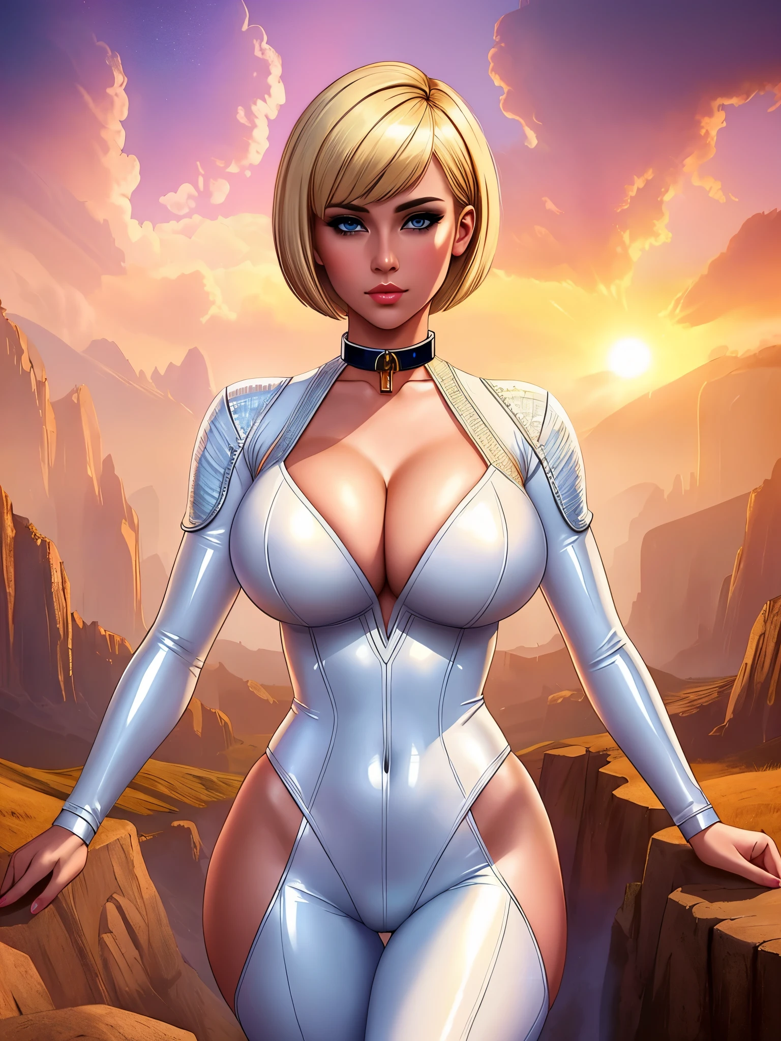 (masterpiece:1.2), white leotard, full body shot, cleavage, gorgeous woman, clone, barcode, blonde, slave collar, tight clothes, pixiecut hair, short hair, bobcut hair, shiny texture, dramatic lighting, intense gaze, surreal landscape, vibrant colors, ethereal atmosphere, intricate details, artistic photography