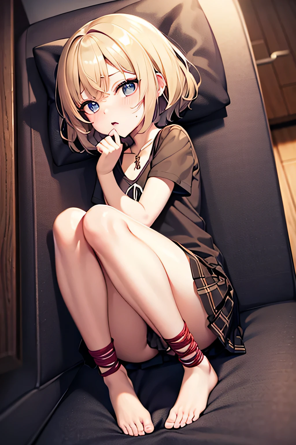 Girl！！、Young！！、one person！！、４Year old girl、short hair、Blonde、With bangs、small、In pain、Big eyes、barefoot、Short sleeve、black eye、cute、With legs apart、with ribbon、skirt、Small breasts、Height: small、Body small、Short legs、Naughty！、Charm、Tied up、Constraints、Bondage、Tied up so much I can&#39;t move