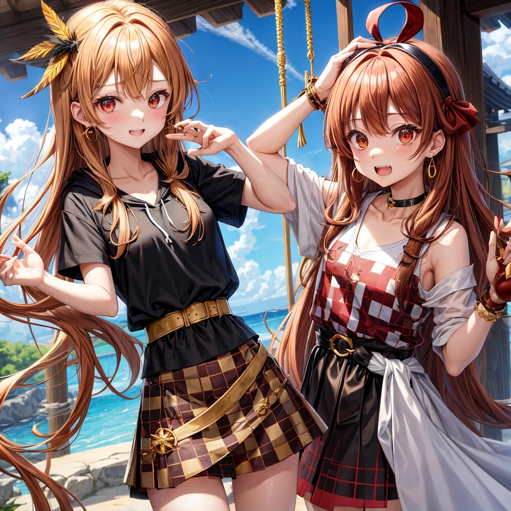 Brown, red, gold, golden hair、Red eyes、One good looking girl、solo、anime、Checkered mini skirt、Black camisole、Black T-shirt、hoodie、Wearing a ribbon、Ribbon on waist、Crystal Earrings、treasure石のネックレス、Light and shadow、Tilting face、Teeth are visible、Marble pillar、waterfall、Kind Face、Kuroko、treasure、wearing goggles on head、Feather coat