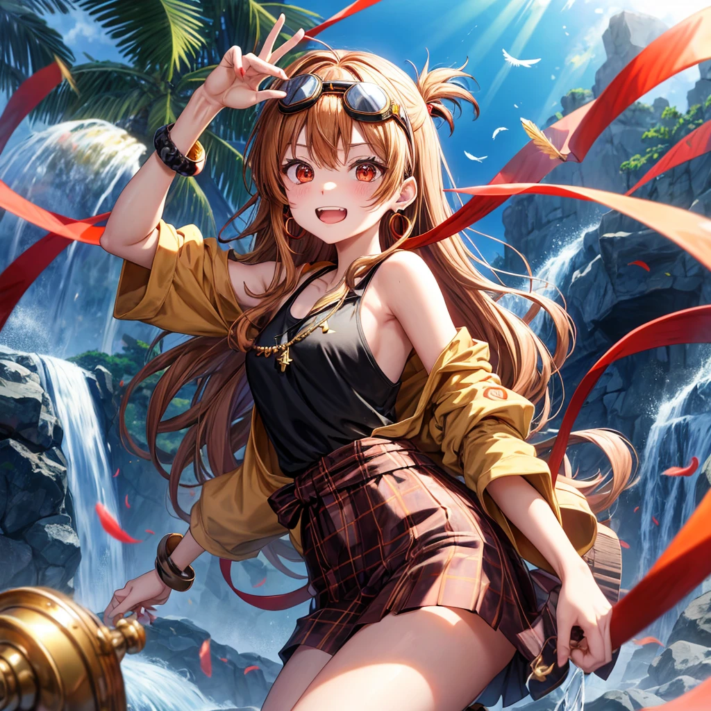 Brown, red, gold, golden hair、Red eyes、One good looking girl、solo、anime、Checkered mini skirt、Black camisole、Black T-shirt、hoodie、Wearing a ribbon、Ribbon on waist、Crystal Earrings、treasure石のネックレス、Light and shadow、Tilting face、Teeth are visible、Marble pillar、waterfall、Kind Face、Kuroko、treasure、wearing goggles on head、Feather coat