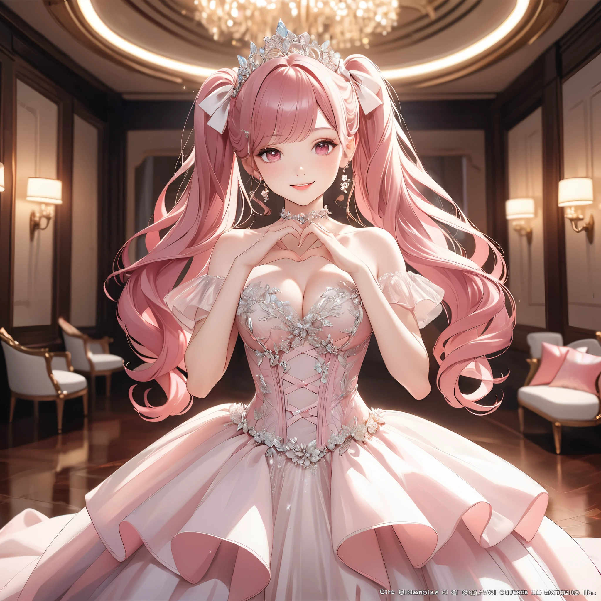 (8K, masutepiece, Highest Quality, Best Quality, Official art, Breathtaking beauty and aesthetics, A highly detailed, The best masterpiece in history that exceeds limits, Breathtaking and beautiful lighting:1.2), (1 Beautiful Girl, Solo), (16 years old), (Beautiful face), (shiny white skin), (Beautiful detailed pink twintails hair, Bangs:1.3), (beautiful detailed adolable drooing pink eyes:1.3), break,
(Beautiful Luxurious pink Dresses, See-through intricate lace, cute bow ribbon, a lot of see-through frill, sheer chiffon material, silver thread, Diamond, corset), (Beautiful Luxurious Diamonds Tiara), (Beautiful big bust:1.3), (happy smile, Beautiful smile, Gentle smile, cute smile, innocent smile like an angel:1.2), breathtaking scenery, Attractive, amazing, Beautiful, Elegant, Luxurious, magnifica, Eye-catching, the ultimate beauty, Supreme Beauty, Superlative beauty, Elegant, Beauty, Graceful, Everyone loves it, Beauty that fascinates everyone, Healed, The highest level of complete beauty, cute like an idol, Stylish like a fashion model, Goddess-like grace, Be loved, adolable, Look at the camera, cute pose, Happy, (12 head and body), (ultra detailed realistic Breathtakingly beautiful Luxurious room:1.2), (making heart with hands:1.5),