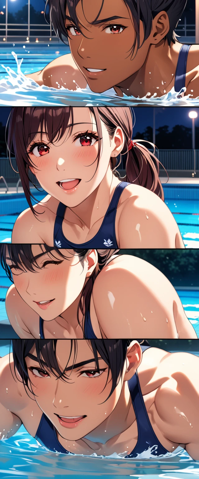 (masterpiece,best quality,Ultra A high resolution),japanese girl, (((A really beautiful 25 year old girl))), Pretty Woman、look at the photographer、 ((Beautiful low ponytail)), very cute face, excitement, Pleasure, red face, sweat, shiny lips, Both eyes have double eyelids,、 natural makeup, long eyelashes, Shiny and soft hair、center image, perfect limbs, complete anatomy,(((navy blue school swimsuit))、swimming pool,night,soaked in water,(white fluid in the vagina),japanese man((A really muscular 25 year old boy.))), Cool Man, ((dark skin color)), very cool face, excitement, Pleasure, red face, sweat, shiny lips, perfect limbs, complete anatomy((boxer red school swimsuit)), man and woman french kiss
