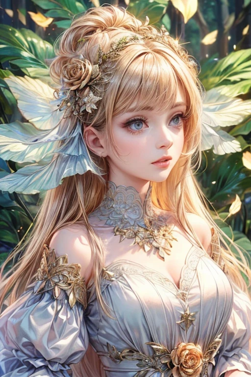 (high quality, 8k, CG, Upper body details, girl, Floral Dress, Forest Background, Detailed facial features, Elegant long hair, Big almond eyes, Detailed eye makeup, Long eyelashes fluttering, Blinking big eyes, Twinkling Star, Intricate lip detail, The style is soft)