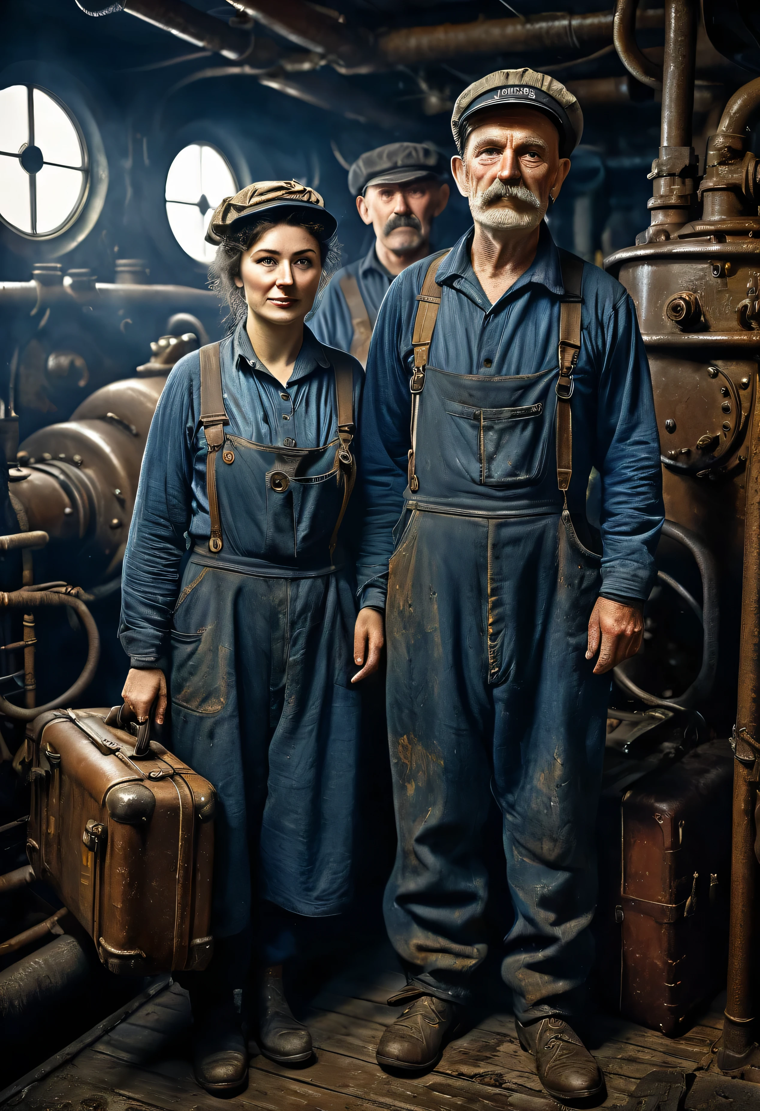 (((Portrait of early 20th century English engine room worker on an ocean liner))), grease, and soot-stained rugged face, photorealistic details, ((complex engine room machinery background)), pistons, and pipes, harsh lighting, ((a blue-collar laborer in overalls)), realismCinematic render of gritty maritime engine room interior, dark tones with dramatic light and shadow, front view of grizzled ship's stoker in filthy oil-stained clothing, face creased with strain and grime from back-breaking labor, photorealism, 1910s industrial setting solemn gloomy atmosphere, intricate period clothing and architectural details, cinematic compositionPhotorealistic render, RMS Titanic moored at Southampton docks before maiden voyage, 1912, upper crust ladies in ornate hats and fur stoles with gentlemen in evening tailcoats and top hats, atmospheric fog and dim lighting from dockside lamps, people carrying luggage, excited yet somber mood, incredible detail