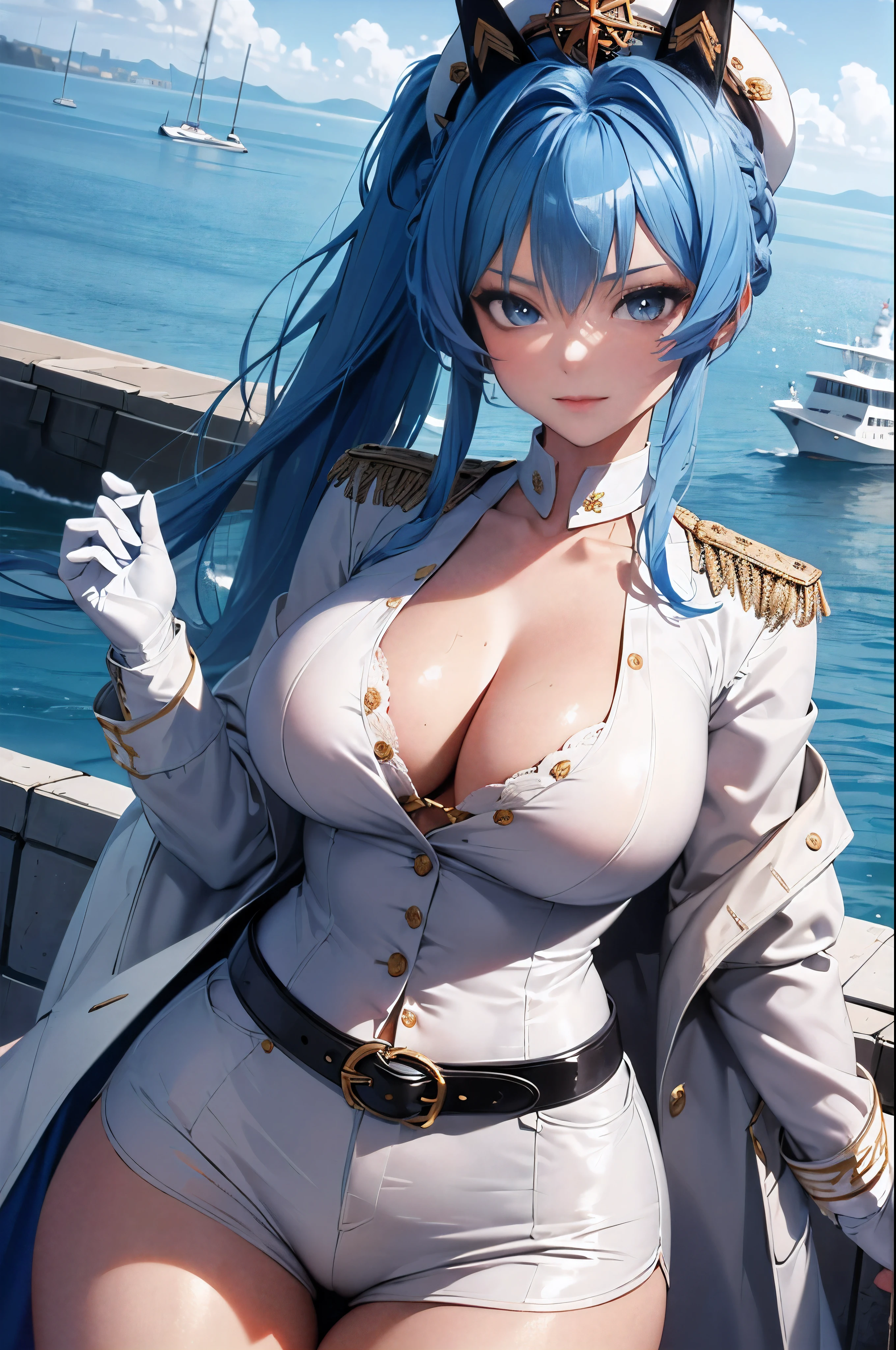 ((anime girl)), best quality, expressive eyes, perfect face, (masterpiece), best quality, perfect face, ((best quality)),  ((an extremely delicate and beautiful)), perfect eyes, perfect body, ((details pupils)), ((synmetry eyes)), beautiful eyes, ((blue eyes)), (large breasts),(wide hips), thick thighs, shiny skin, soft skin, ((ponytail)),  clean skin,  absurdres, (masterpiece),(ultra-detailed:1.2),(highres),elaborate, cowboy shot,1girl, helm,  blue hair, long hair, bangs, hair intakes, military hat, hairband, military uniform, buttons, aiguillette, epaulettes, white coat, armband, white belt, white gloves, white shorts, simple background , smile , (the background of a harbor), deatailed background