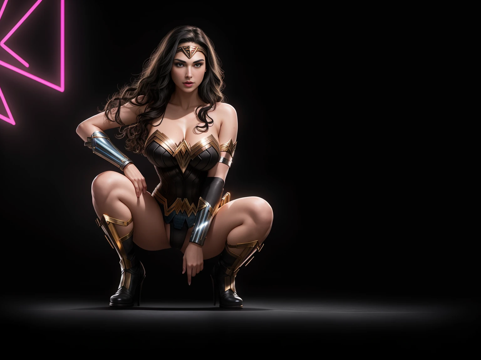 there IS GAL GADOT AS WONDER WOMAN squatting, long hair, 3 d neon art of a womans body, neon-noir background, cyberpunk femme fatale, seductive cyberpunk dark fantasy, cyberpunk strip clubs, cyberpunk 20 y. o model girl, oppai cyberpunk, banner, high definition cgsociety, cgsociety masterpiece, trending on cgstation, kda, random hair, looking at camera, gigantic breasts, cleavage, (high detailed skin:1.2), 8k uhd, dslr, super lighting, high quality, film grain, high res, highly detailed, hyper realistic, beautiful face, beautiful body, beautiful eyes nose lips, alluring expression, very bold, upper visible, full body photo, standing legs apart, pale translucent glowing skin, most beautiful face, cute, (well defined pubic hair:1.2)), (dark plain black background:1.4))