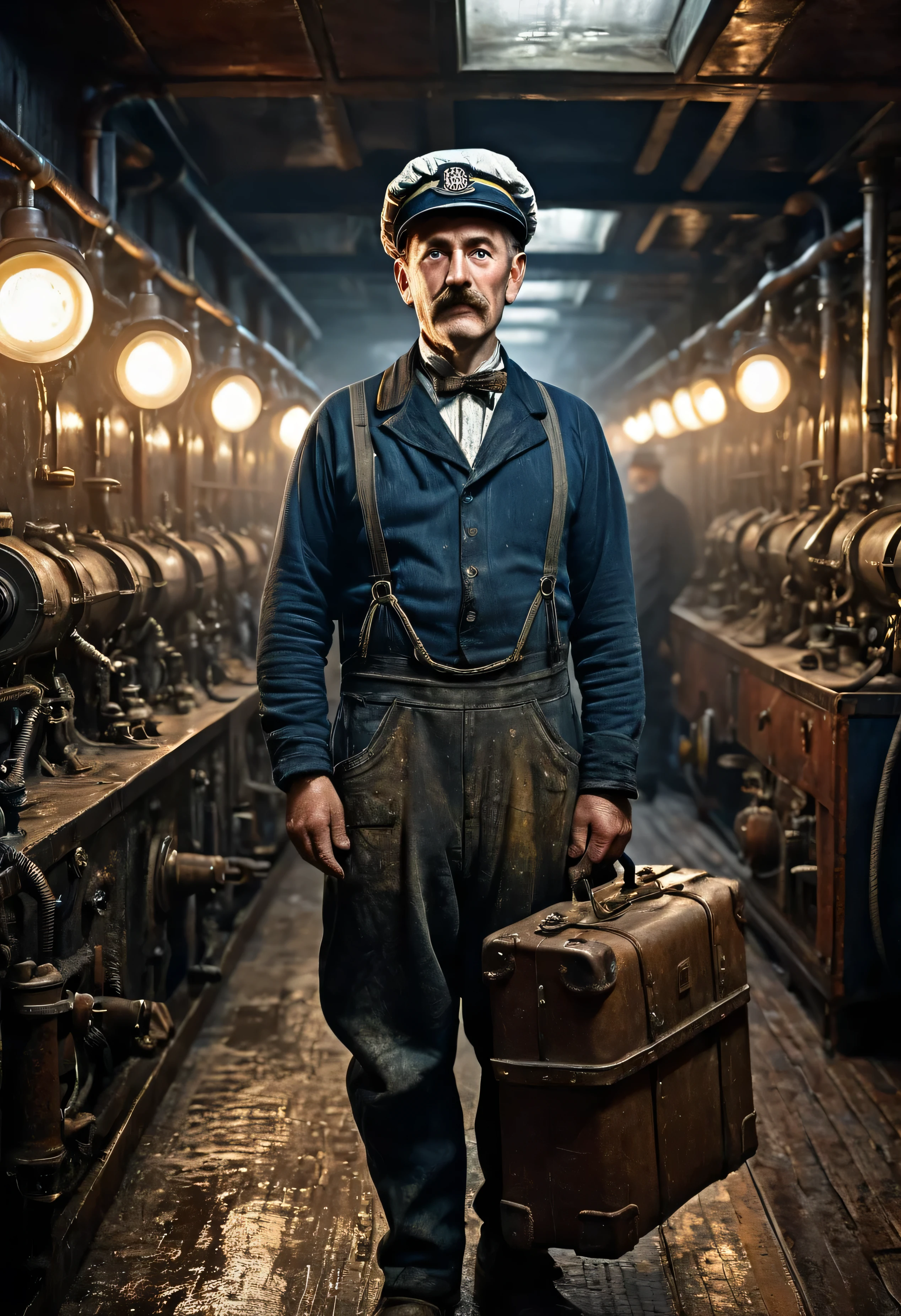 (((Portrait of early 20th century English engine room worker on an ocean liner))), grease, and soot-stained rugged face, photorealistic details, ((complex engine room machinery background)), pistons, and pipes, harsh lighting, ((a blue-collar laborer in overalls)), realismCinematic render of gritty maritime engine room interior, dark tones with dramatic light and shadow, front view of grizzled ship's stoker in filthy oil-stained clothing, face creased with strain and grime from back-breaking labor, photorealism, 1910s industrial setting solemn gloomy atmosphere, intricate period clothing and architectural details, cinematic compositionPhotorealistic render, RMS Titanic moored at Southampton docks before maiden voyage, 1912, upper crust ladies in ornate hats and fur stoles with gentlemen in evening tailcoats and top hats, atmospheric fog and dim lighting from dockside lamps, people carrying luggage, excited yet somber mood, incredible detail