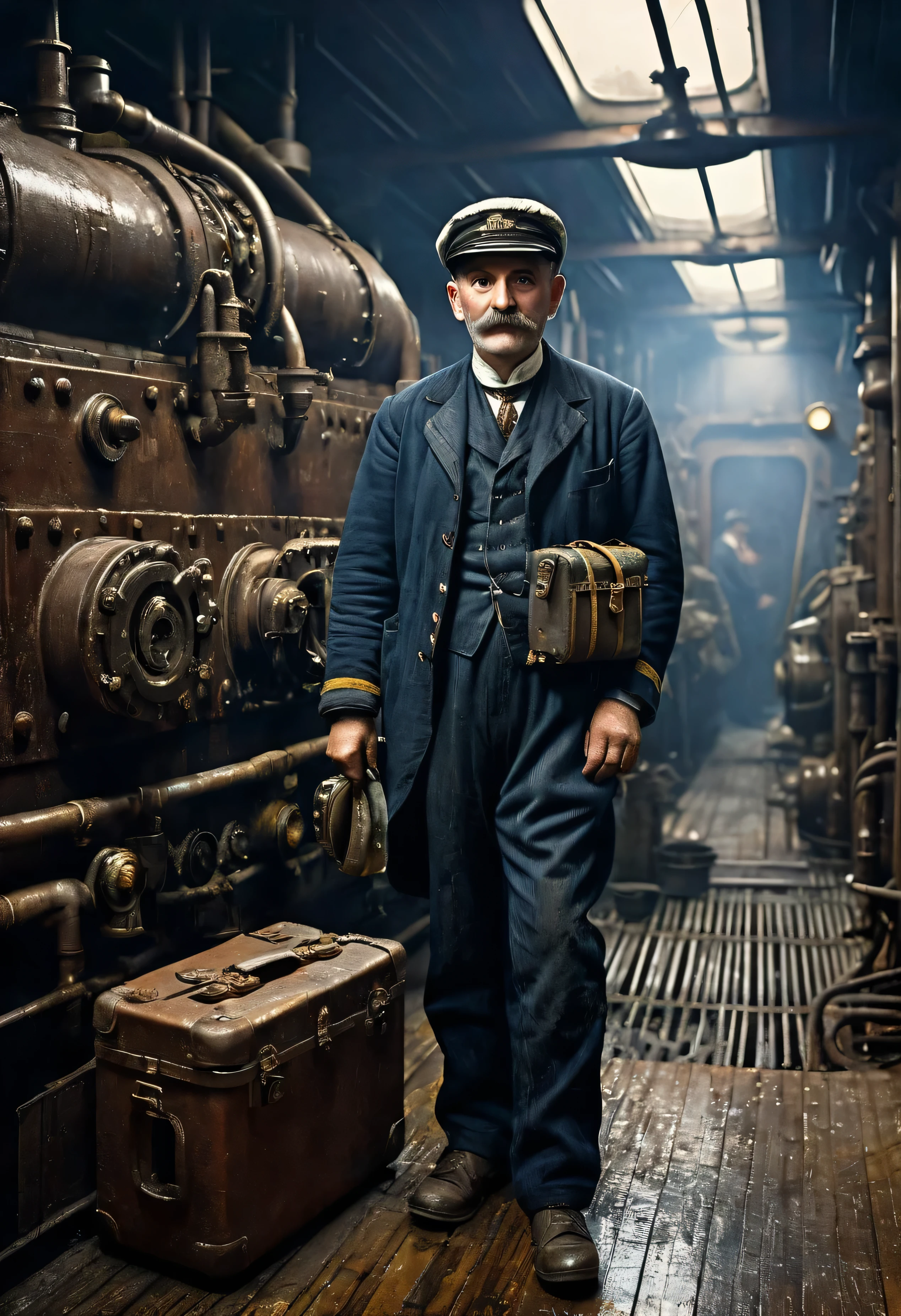 (((Portrait of early 20th century English engine room worker on an ocean liner))), grease, and soot-stained rugged face, photorealistic details, ((complex engine room machinery background)), pistons, and pipes, harsh lighting, ((a blue-collar laborer in overalls)), realismCinematic render of gritty maritime engine room interior, dark tones with dramatic light and shadow, front view of grizzled ship's stoker in filthy oil-stained clothing, face creased with strain and grime from back-breaking labor, photorealism, 1910s industrial setting solemn gloomy atmosphere, intricate period clothing and architectural details, cinematic compositionPhotorealistic render, RMS Titanic moored at Southampton docks before maiden voyage, 1912, upper crust ladies in ornate hats and fur stoles with gentlemen in evening tailcoats and top hats, atmospheric fog and dim lighting from dockside lamps, people carrying luggage, excited yet somber mood, incredible detail