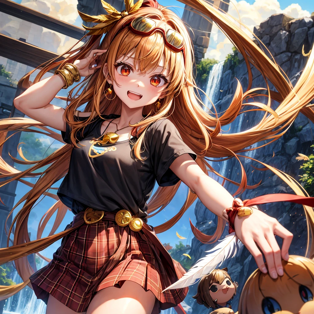 Brown, red, gold, golden hair、Red eyes、One good looking girl、solo、anime、Checkered mini skirt、Black camisole、Black T-shirt、hoodie、Wearing a ribbon、Ribbon on waist、Crystal Earrings、treasure石のネックレス、Light and shadow、Tilting face、Teeth are visible、Marble pillar、waterfall、Kind Face、Kuroko、treasure、wearing goggles on head、Feather coat