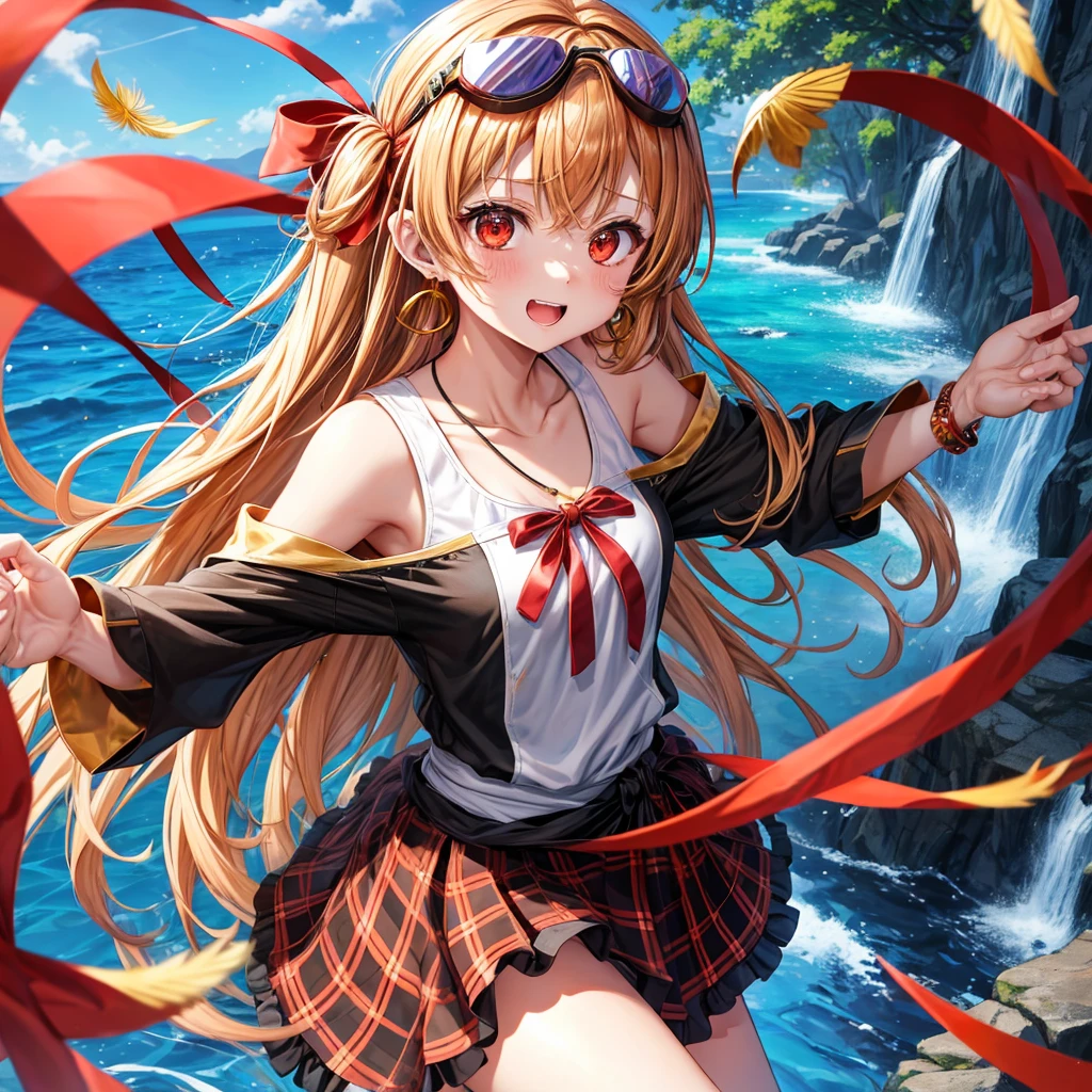 Brown, red, gold, golden hair、Red eyes、One good looking girl、solo、anime、Checkered mini skirt、Black camisole、Black T-shirt、hoodie、Wearing a ribbon、Ribbon on waist、Crystal Earrings、treasure石のネックレス、Light and shadow、Tilting face、Teeth are visible、Marble pillar、waterfall、Kind Face、Kuroko、treasure、wearing goggles on head、Feather coat