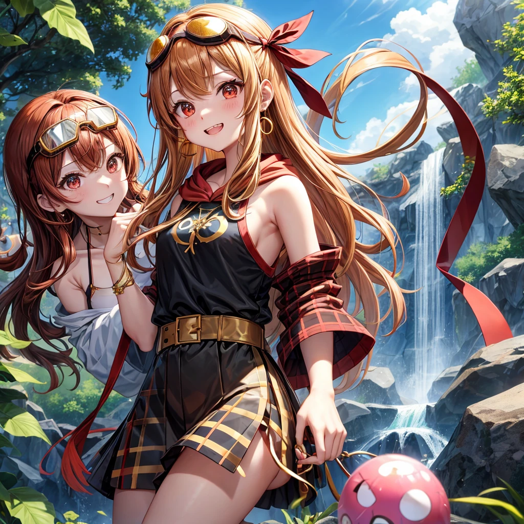 Brown, red, gold, golden hair、Red eyes、One good looking girl、solo、anime、Checkered mini skirt、Black camisole、Black T-shirt、hoodie、Wearing a ribbon、Ribbon on waist、Crystal Earrings、treasure石のネックレス、Light and shadow、Tilting face、Teeth are visible、Marble pillar、waterfall、Kind Face、Kuroko、treasure、wearing goggles on head、Feather coat