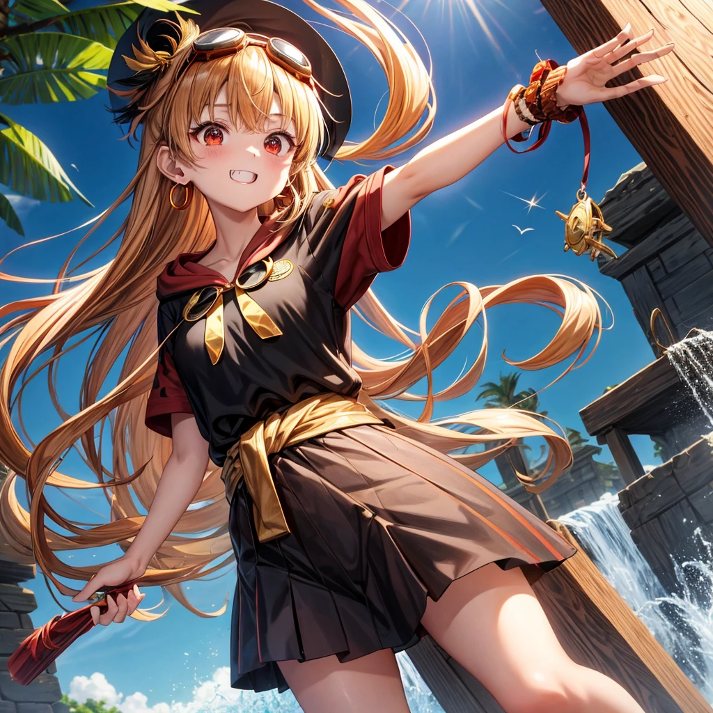 Brown, red, gold, golden hair、Red eyes、One good looking girl、solo、anime、Checkered mini skirt、Black camisole、Black T-shirt、hoodie、Wearing a ribbon、Ribbon on waist、Crystal Earrings、treasure石のネックレス、Light and shadow、Tilting face、Teeth are visible、Marble pillar、waterfall、Kind Face、Kuroko、treasure、wearing goggles on head、Feather coat