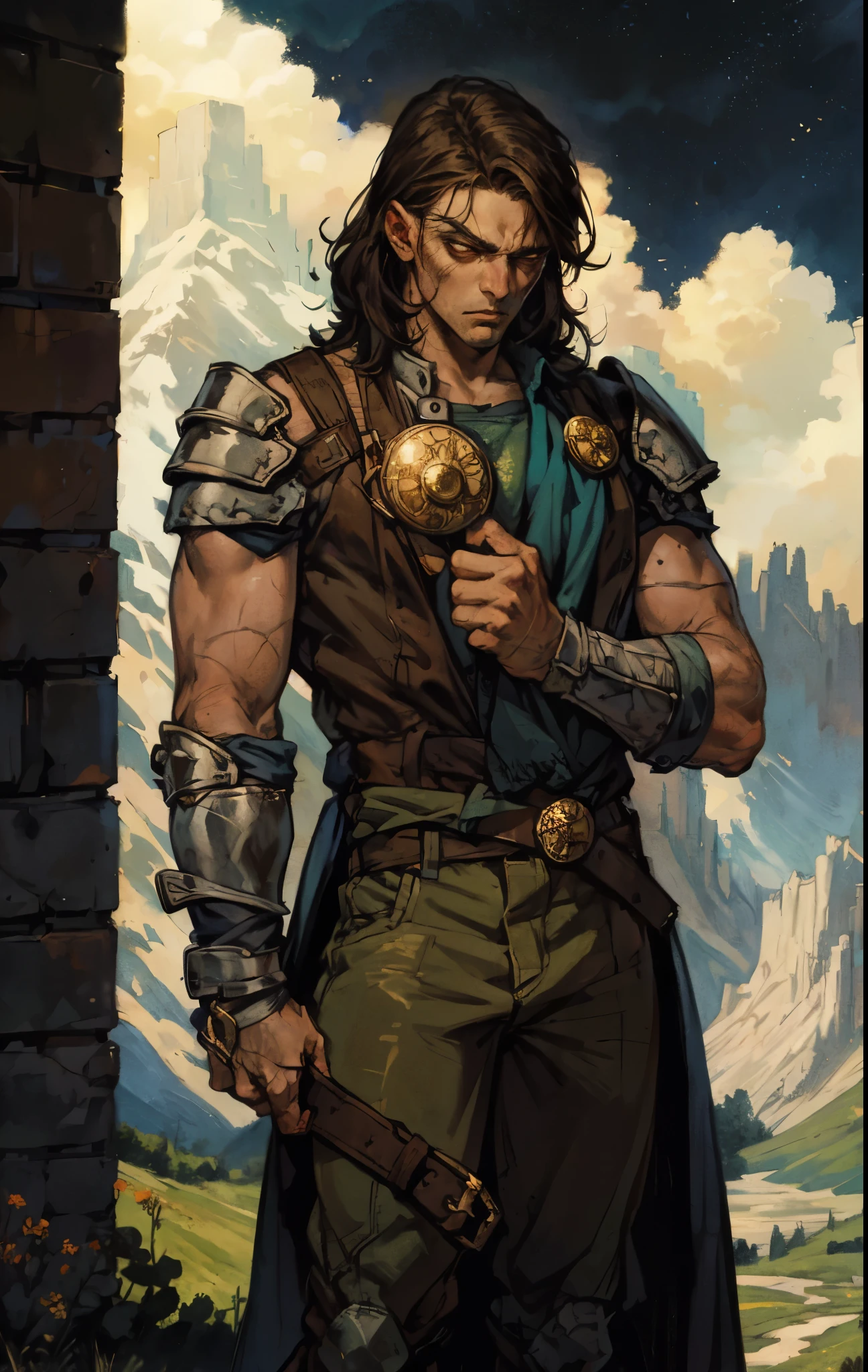 A man with short sandy brown hair, long side-parted bangs, a melancholic gaze, a troubled expression, pale skin, a fantasy-style gray trench coat with a large collar, under which lies leather chest armor, a black belt, worn-out yellowish shoulder pads and wrist guards, utility trousers, the backdrop of a mountain wilderness at night, this character embodies a finely crafted fantasy-style adventurer in anime style, exquisite and mature manga art style, high definition, best quality, highres, ultra-detailed, ultra-fine painting, extremely delicate, professional, perfect body proportions, golden ratio, anatomically correct, symmetrical face, extremely detailed eyes and face, high quality eyes, creativity, RAW photo, UHD, 32k, Natural light, cinematic lighting, masterpiece-anatomy-perfect, masterpiece:1.5