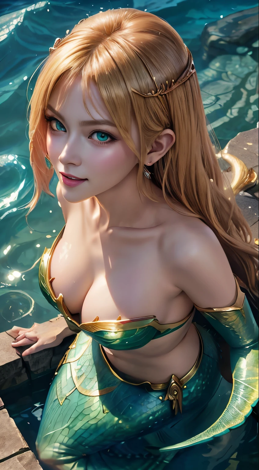 Blonde woman in green dress standing in pool, Beautiful fantasy art, closeup fantasy with water magic, Beautiful fantasy art portrait, Carol Buck Wood, Complicated, fantasy art behance, Stunning fantasy art, portrait of mermaid queen, Portrait of mermaid warrior, Detailed fantasy art, very Beautiful fantasy art, Beautiful fantasy portrait, Fantasy Portrait Art,black hair, hair bobbles, wince, longeyelashes, solid circle eyes, light smile, ear blush, fang, Surrealism, drop shadow, anaglyph, stereogram, tachi-e, pov, atmospheric perspective, 8k, super detail, ccurate, best quality