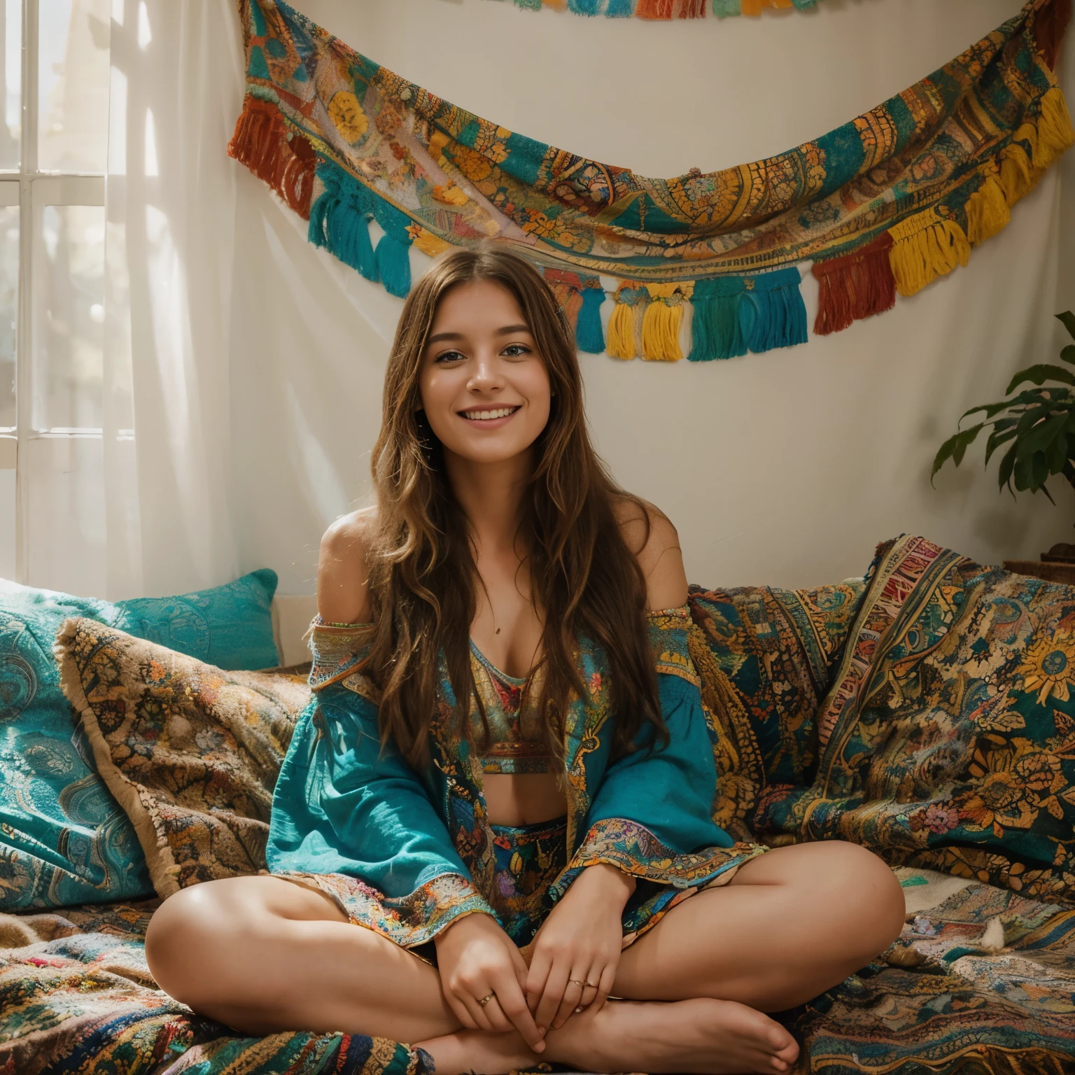 segurando uma coroa de flores, Surrounded by colorful bohemian tapestries. She has long flowing hair and is smiling warmly. A cena se passa em um prado iluminado pelo sol com grama alta e flores silvestres. The woman is barefoot and her clothes are loose and flowing, reflecting the carefree spirit of the hippie era. The colors of the image are vibrant and saturated, with a warm and ethereal color tone. The lighting is soft and diffused, casting a soft glow over the woman and surroundings. The image is of the highest quality, with exquisite details on the woman's features, Her flowing hair, and the intricate patterns on the tapestries. The overall style of the work is reminiscent of the bohemian aesthetic of the 70s, Capturing the Spirit of Peace, , e amor.