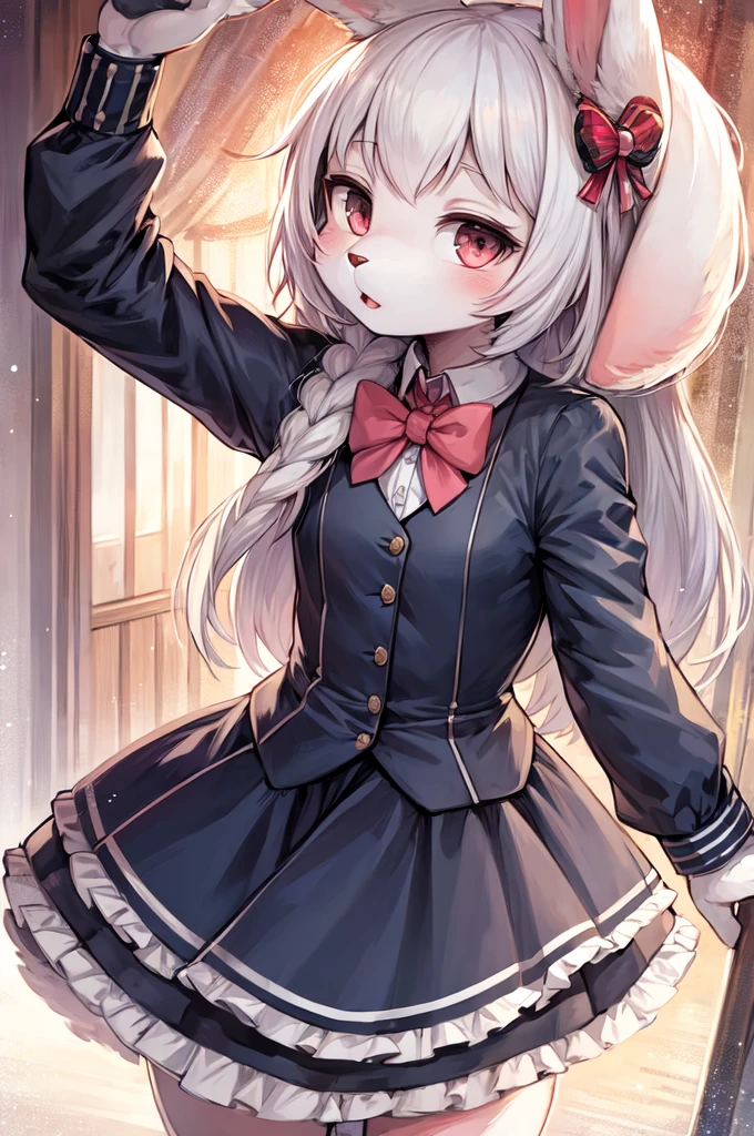(better quality, Very detailed illustrations: 1.2), 1 girl, (furry:1.2), we say, (Chibi:0.8), white rabbit girl, , Serafuku, bow tie, fluffy tail