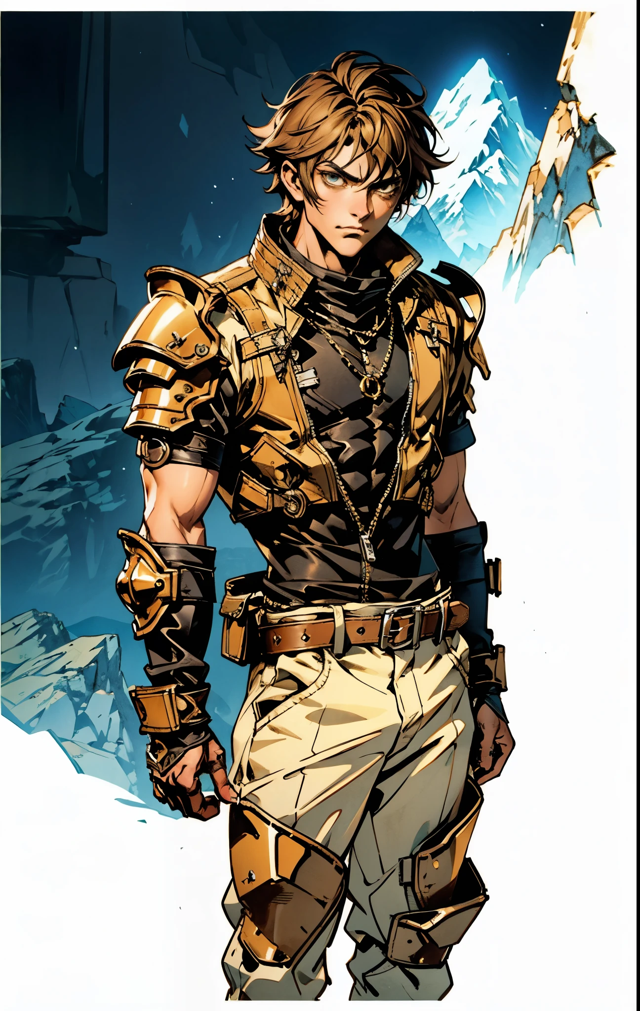 A man with short sandy brown hair, long side-parted bangs, a melancholic gaze, a troubled expression, pale skin, a fantasy-style gray trench coat with a large collar, under which lies leather chest armor, a black belt, worn-out yellowish shoulder pads and wrist guards, utility trousers, the backdrop of a mountain wilderness at night, this character embodies a finely crafted fantasy-style adventurer in anime style, exquisite and mature manga art style, high definition, best quality, highres, ultra-detailed, ultra-fine painting, extremely delicate, professional, perfect body proportions, golden ratio, anatomically correct, symmetrical face, extremely detailed eyes and face, high quality eyes, creativity, RAW photo, UHD, 32k, Natural light, cinematic lighting, masterpiece-anatomy-perfect, masterpiece:1.5
