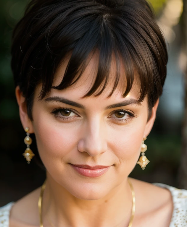 A photorealistic portrait of a 50-year-old woman with a fashionable short haircut, luxurious dark hair and captivating brown eyes. Her expression should be natural and inviting, illuminated by the soft, warm light of the golden hour. The shooting location for this portrait should be a picturesque outdoor landscape, such as a sun-drenched park or beach. Take a high-resolution picture using an 85mm lens to get an attractive angle.