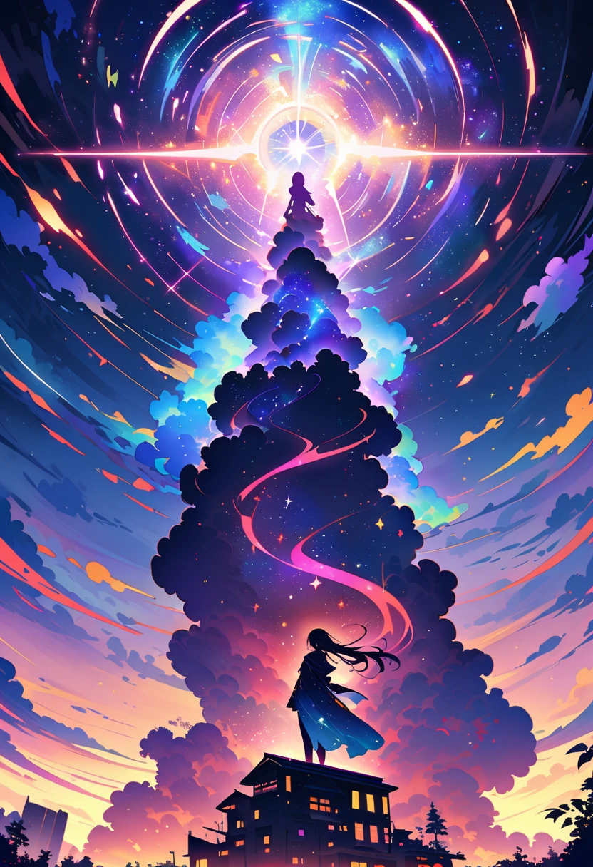 Female figure standing on the roof of a high-rise building, (Roof Focus), Surrounded by a vortex of cosmic energy, dreaming, Hazy landscape, The flowing starlight wraps around the human figure, A flowing robe that blends in with the galaxy, The sky is a tapestry of deep purples and blues, The stars shine, The scenery below is a series of rolling high-rise buildings, The scene was quiet and solemn, A way to capture the majestic essence of the universe, Contemplative figure standing in awe, Ultra HD, masterpiece, precise, anatomically correct, best quality, 8k