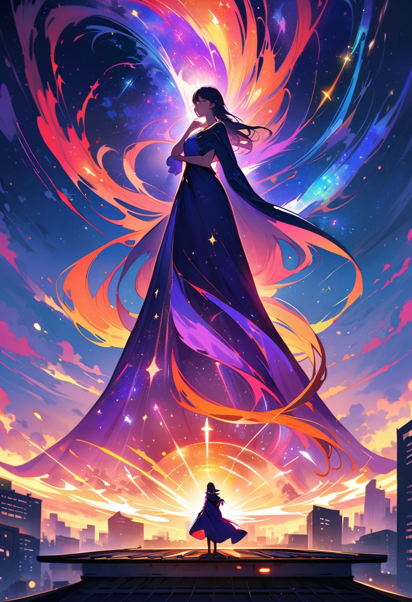 Female figure standing on the roof of a high-rise building, (Roof Focus), Surrounded by a vortex of cosmic energy, dreaming, Hazy landscape, The flowing starlight wraps around the human figure, A flowing robe that blends in with the galaxy, The sky is a tapestry of deep purples and blues, The stars shine, The scenery below is a series of rolling high-rise buildings, The scene was quiet and solemn, A way to capture the majestic essence of the universe, Contemplative figure standing in awe, Ultra HD, masterpiece, precise, anatomically correct, best quality, 8k