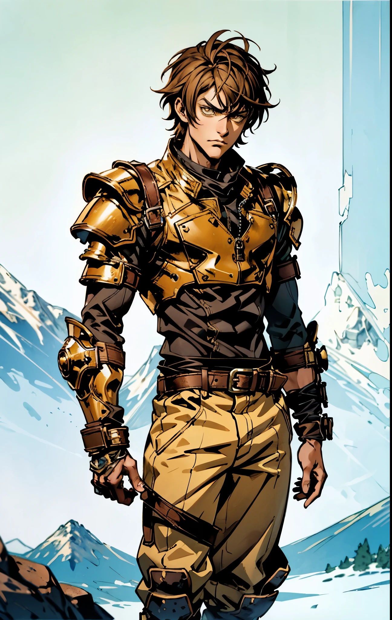 A man with short sandy brown hair, long side-parted bangs, a melancholic gaze, a troubled expression, pale skin, a fantasy-style gray trench coat with a large collar, under which lies leather chest armor, a black belt, worn-out yellowish shoulder pads and wrist guards, utility trousers, the backdrop of a mountain wilderness at night, this character embodies a finely crafted fantasy-style adventurer in anime style, exquisite and mature manga art style, high definition, best quality, highres, ultra-detailed, ultra-fine painting, extremely delicate, professional, perfect body proportions, golden ratio, anatomically correct, symmetrical face, extremely detailed eyes and face, high quality eyes, creativity, RAW photo, UHD, 32k, Natural light, cinematic lighting, masterpiece-anatomy-perfect, masterpiece:1.5