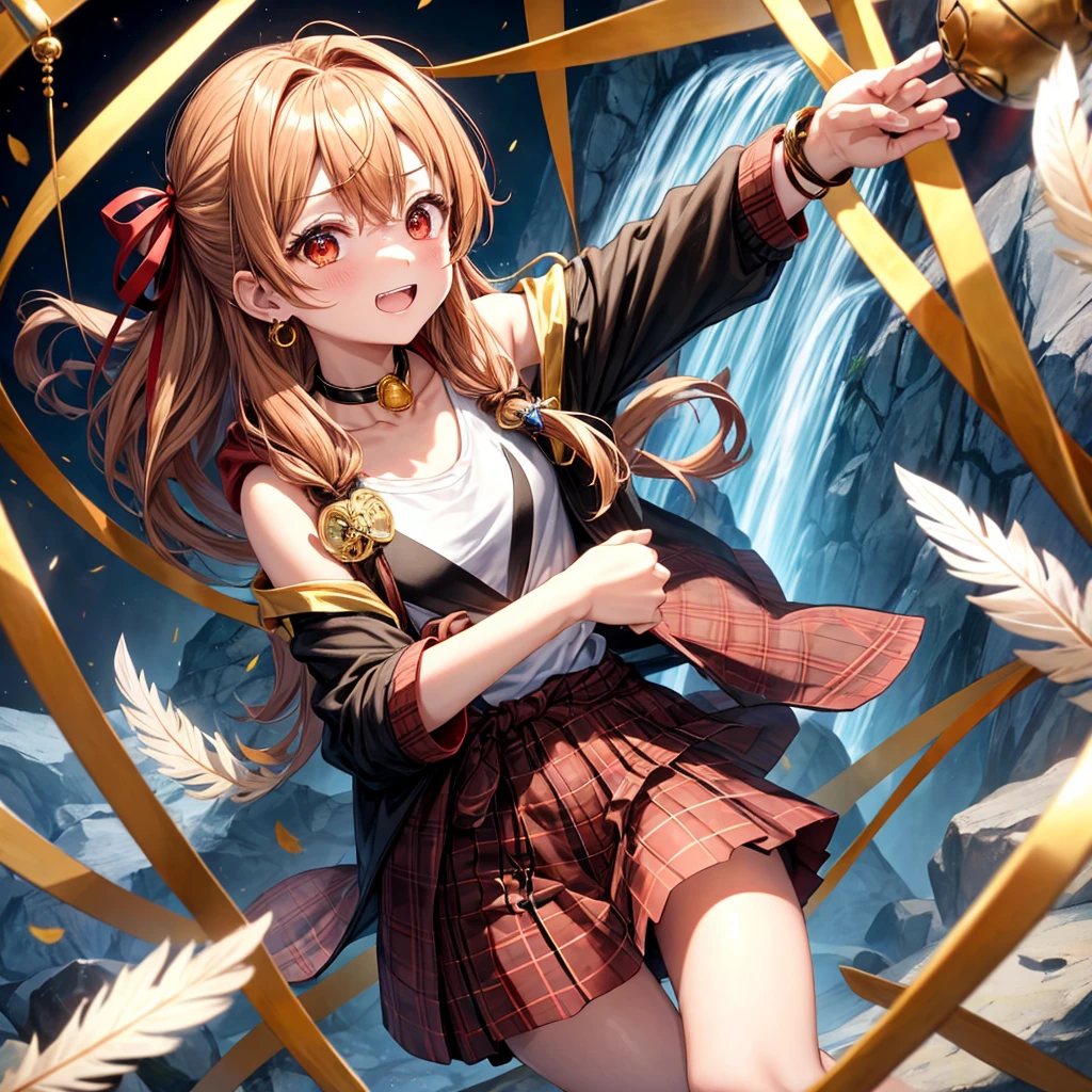 Brown, red, gold, golden hair、Red eyes、One good looking girl、solo、anime、Checkered mini skirt、Black camisole、Black T-shirt、hoodie、Wearing a ribbon、Ribbon on waist、Crystal Earrings、treasure石のネックレス、Light and shadow、Tilting face、Teeth are visible、Marble pillar、waterfall、Kind Face、Kuroko、treasure、wearing goggles on head、Feather coat