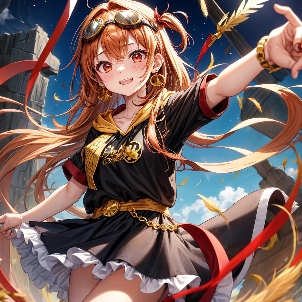 Brown, red, gold, golden hair、Red eyes、One good looking girl、solo、anime、Checkered mini skirt、Black camisole、Black T-shirt、hoodie、Wearing a ribbon、Ribbon on waist、Crystal Earrings、treasure石のネックレス、Light and shadow、Tilting face、Teeth are visible、Marble pillar、waterfall、Kind Face、Kuroko、treasure、wearing goggles on head、Feather coat