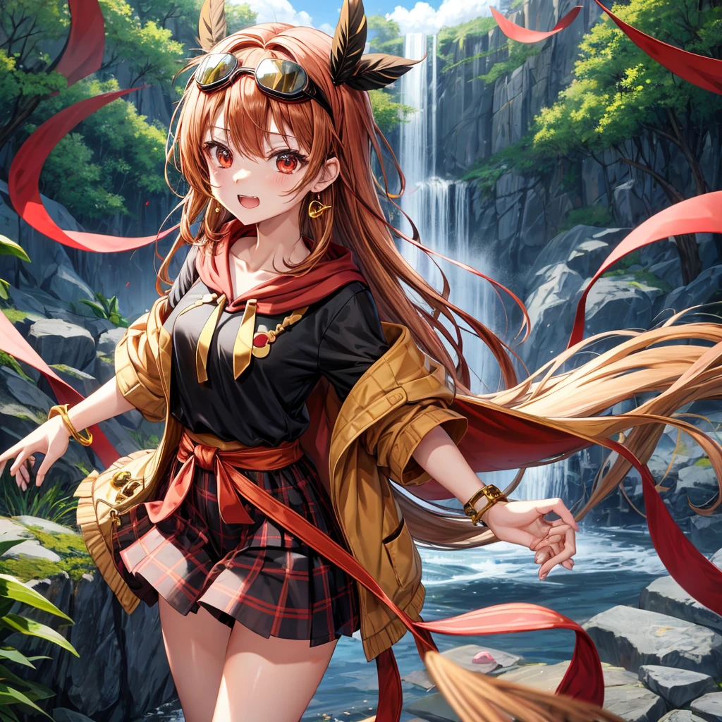 Brown, red, gold, golden hair、Red eyes、One good looking girl、solo、anime、Checkered mini skirt、Black camisole、Black T-shirt、hoodie、Wearing a ribbon、Ribbon on waist、Crystal Earrings、treasure石のネックレス、Light and shadow、Tilting face、Teeth are visible、Marble pillar、waterfall、Kind Face、Kuroko、treasure、wearing goggles on head、Feather coat