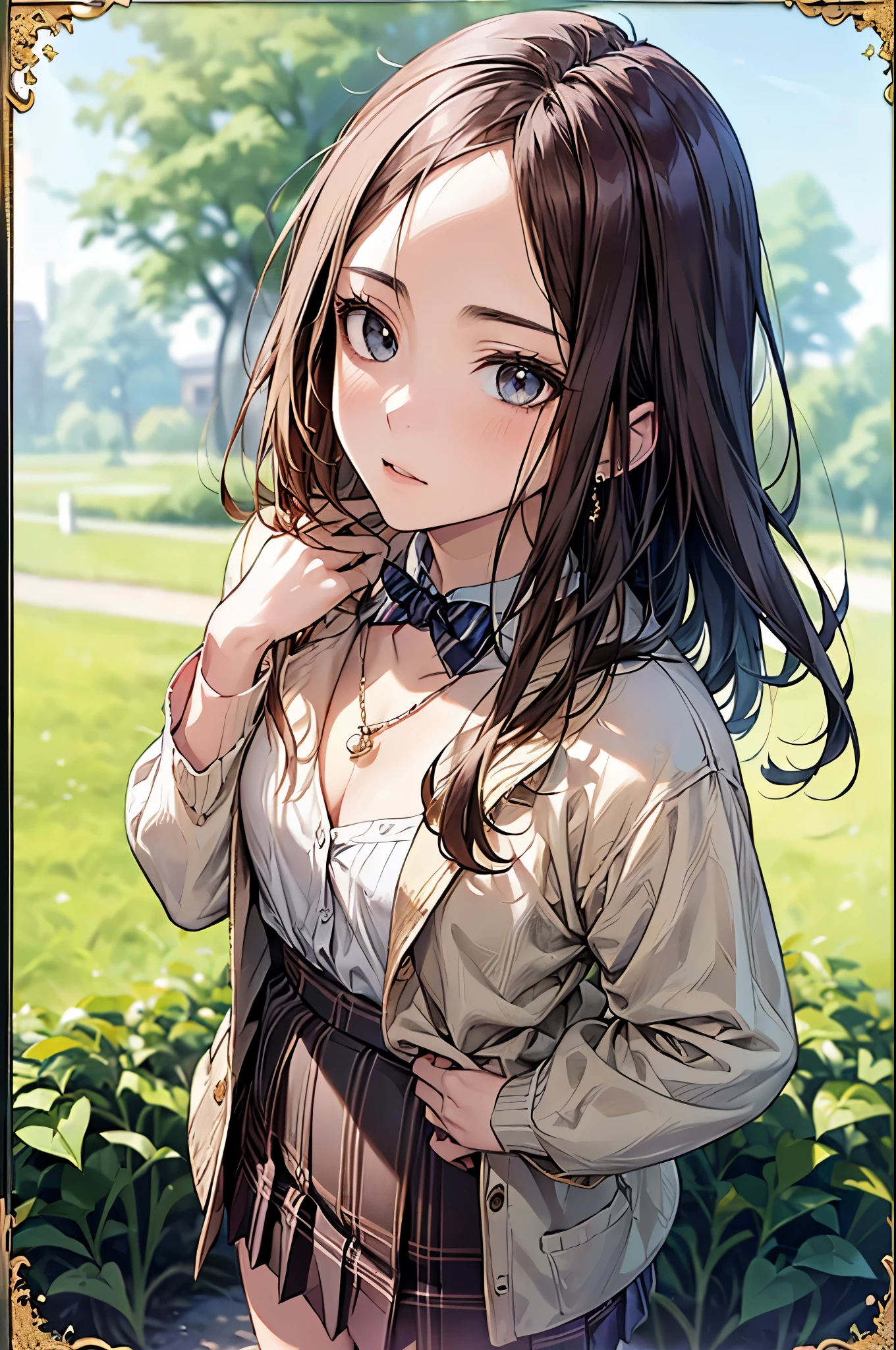 ((Biologically correct number of limbs))、(( Photo with face included))、4K、((Standing posture))、Masterpiece、((focus on the face))、((Symmetrical facial features))、Eyes with detailed description、Beautiful woman、Outstanding style、Beautiful clavicle、Beautiful legs、Beautiful Hands、Slender Body、(stockings、High heels)、Detailed depiction of faces、Small earrings、necklace、(Jacket、shirt、(Checked skirt))、Sidelong glance、A bow tie、Holiday morning in the park、(((white frame photo)))、Droopy eyes、Photographed from diagonally in front