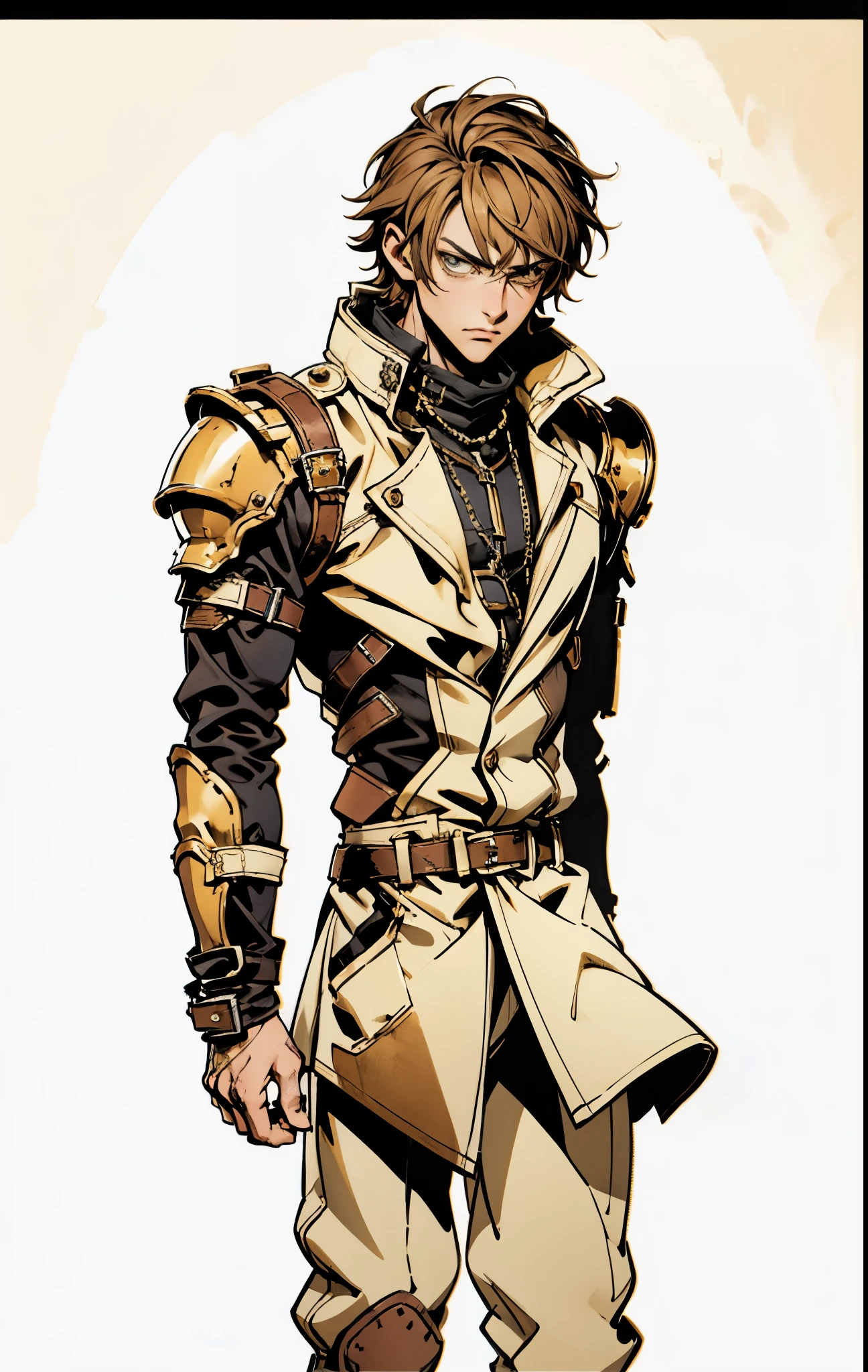 A man with short sandy brown hair, long side-parted bangs, a melancholic gaze, a troubled expression, pale skin, a fantasy-style gray trench coat with a large collar, under which lies leather chest armor, a black belt, worn-out yellowish shoulder pads and wrist guards, utility trousers, the backdrop of a mountain wilderness at night, this character embodies a finely crafted fantasy-style adventurer in anime style, exquisite and mature manga art style, high definition, best quality, highres, ultra-detailed, ultra-fine painting, extremely delicate, professional, perfect body proportions, golden ratio, anatomically correct, symmetrical face, extremely detailed eyes and face, high quality eyes, creativity, RAW photo, UHD, 32k, Natural light, cinematic lighting, masterpiece-anatomy-perfect, masterpiece:1.5